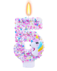 Fauaoy unicorn-number5 candle topper adds magical birthday charm to a cake.