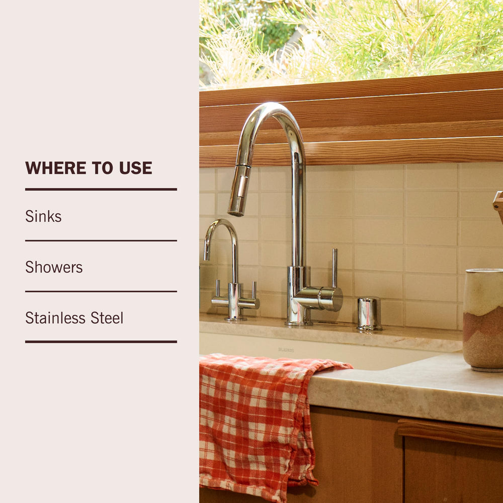 Faucet finish looks brighter after cleaning with Mrs. Meyer's Vinegar Gel.