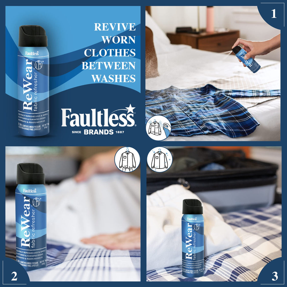 Faultless ReWear spray in action refreshing fabric mid-wear.
