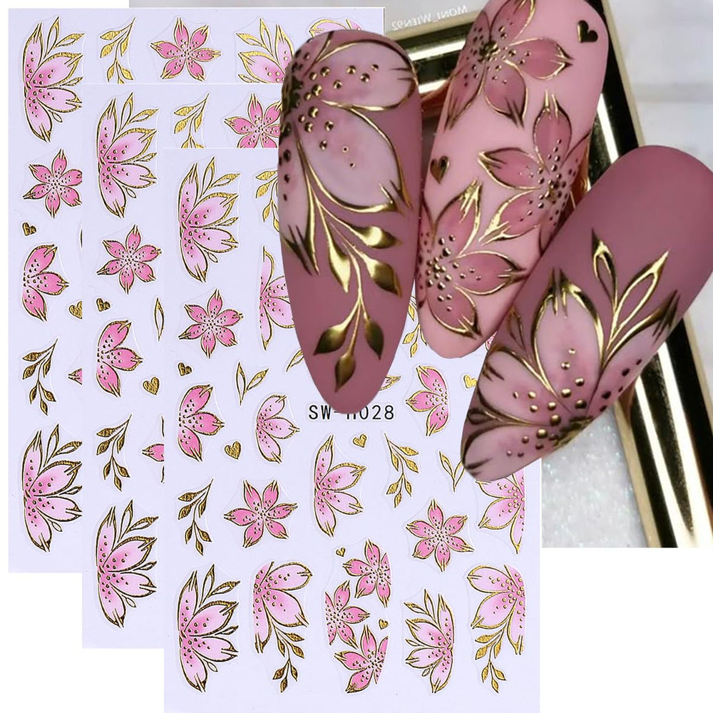 FBABFBUO flower nail art stickers pink 3D petals for quick salon-ready manicures