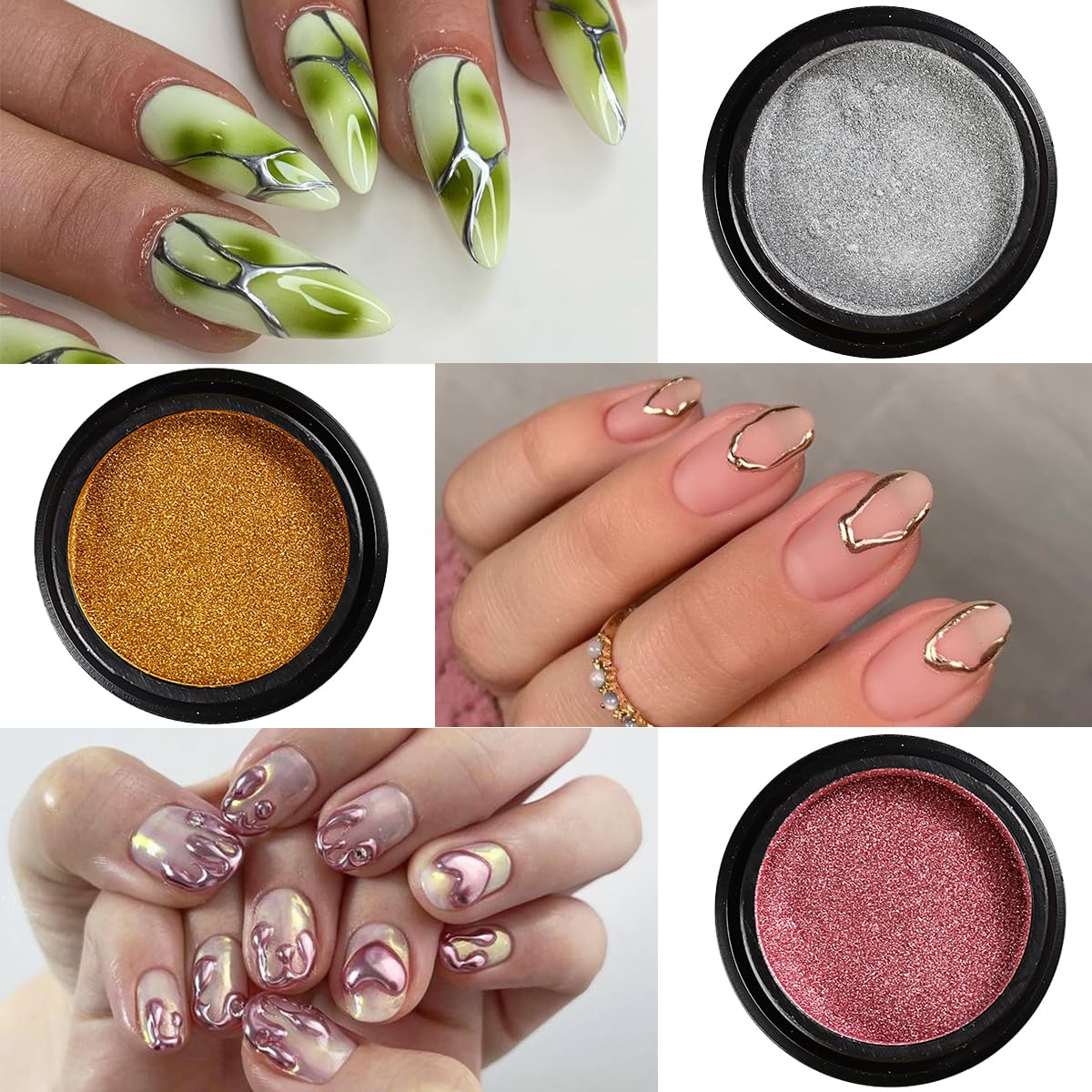 Fcozpjk holographic gold powder adds rainbow sparkle to nails.
