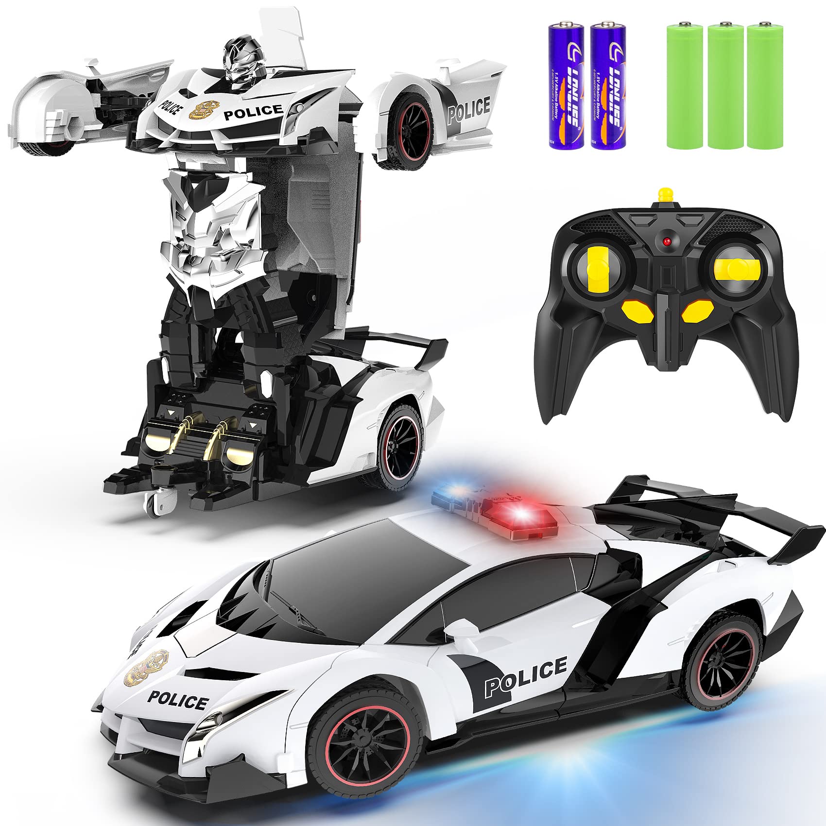 FDJ transforming car-robot front view features LED lights for vibrant action.