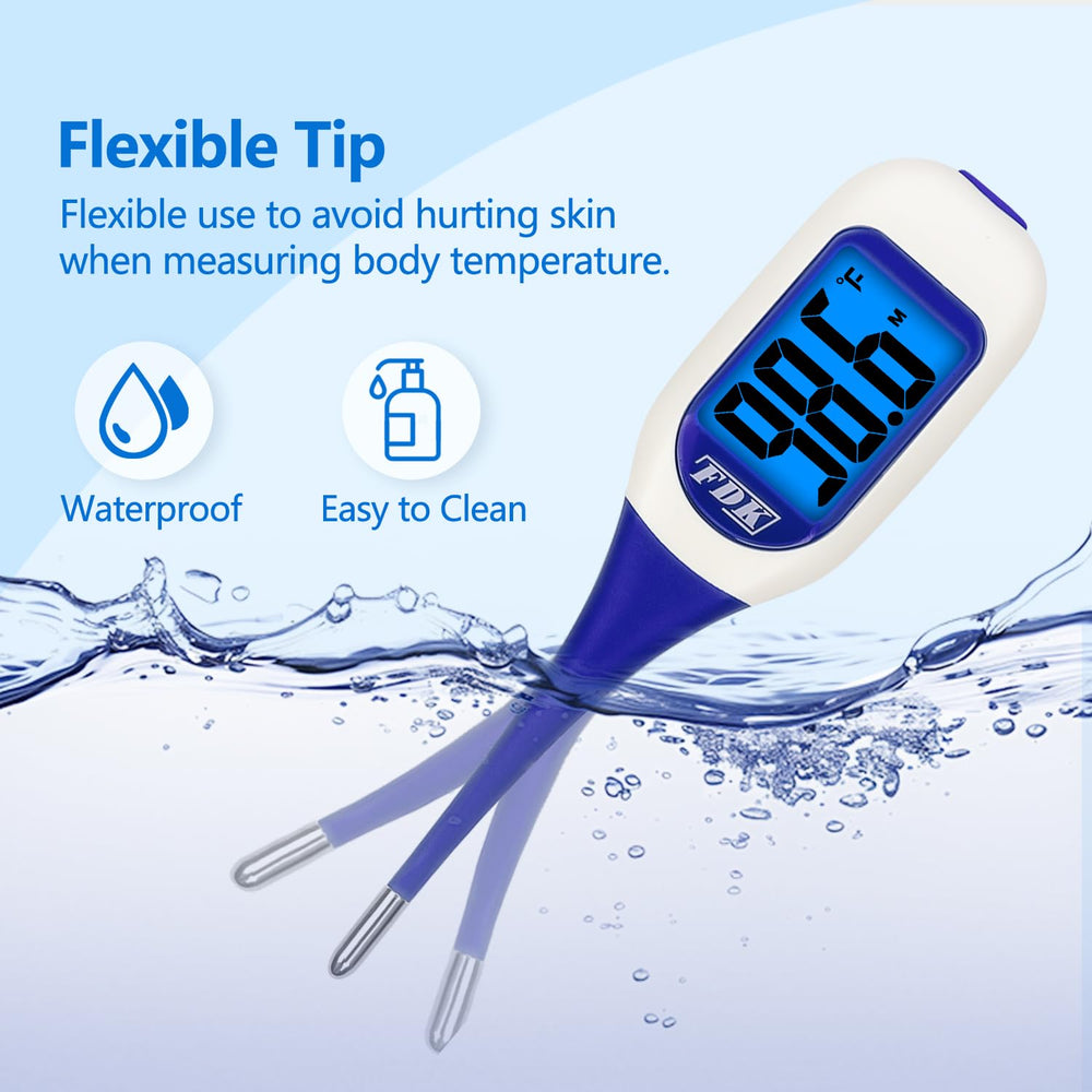 FDK thermometer with dual color backlight clearly flags normal and fever readings