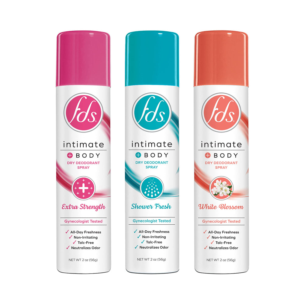 FDS Intimate Deodorant Spray 3-pack shown for all-day freshness and odor protection.