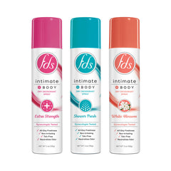 FDS Intimate Deodorant Spray 3-pack shown for all-day freshness and odor protection.