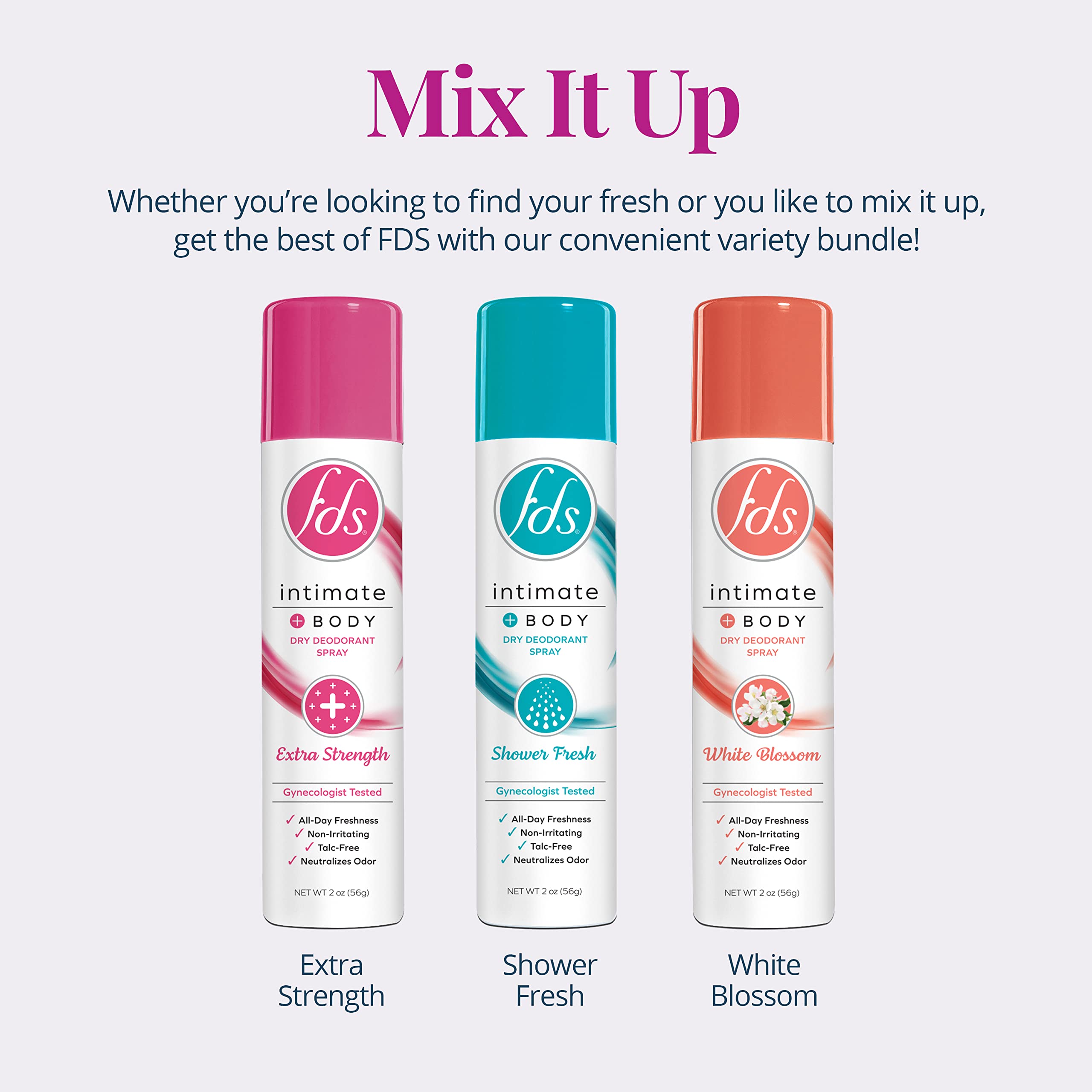 FDS Intimate Deodorant Spray Shower Fresh bottle close-up shows light, refreshing scent for daily wear.