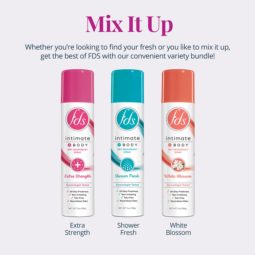 FDS Intimate Deodorant Spray Shower Fresh bottle close-up shows light, refreshing scent for daily wear.