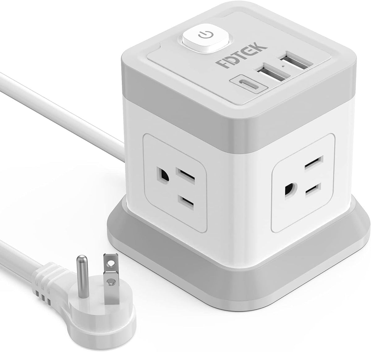 FDTEK power strip front view with four outlets and USB ports, organized charging