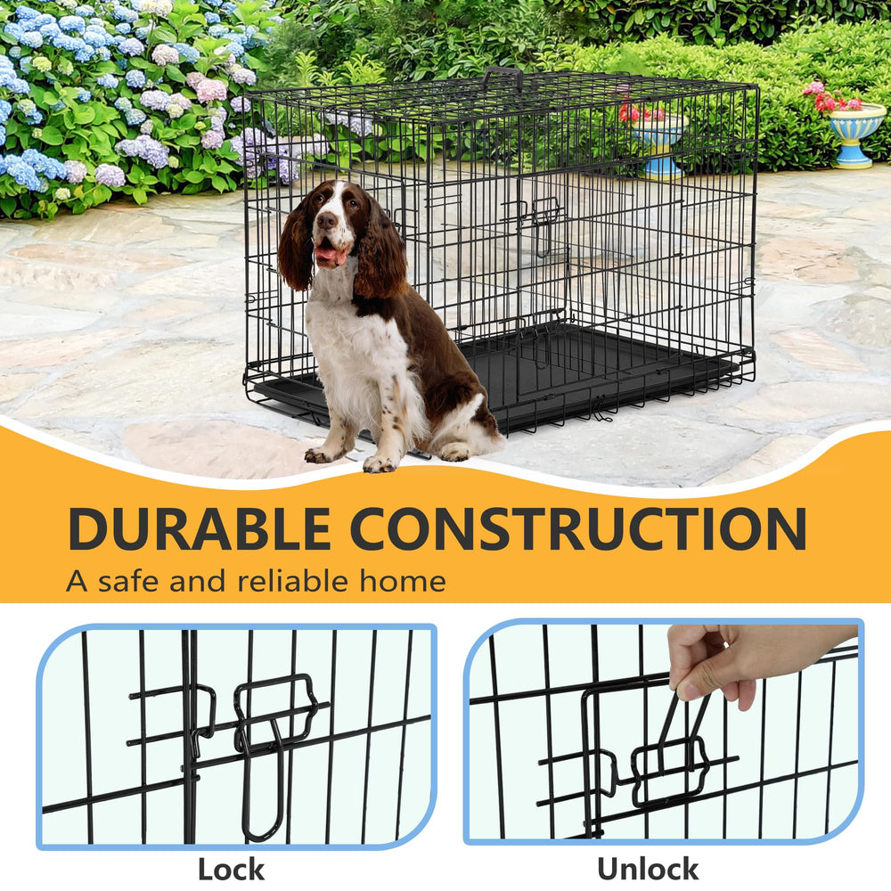 FDW dog crate with removable leak-proof tray for quick cleanup.