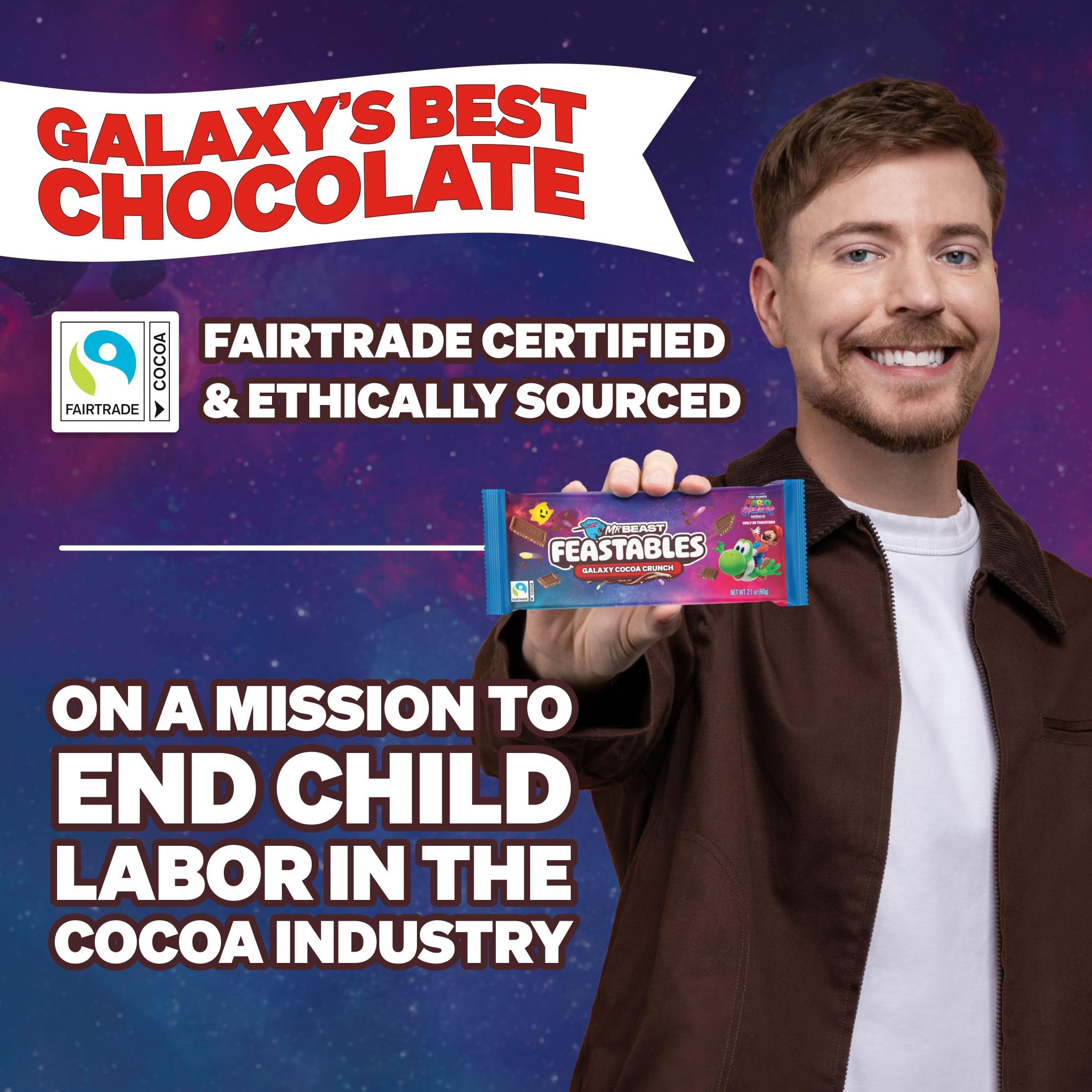 Feastables Fairtrade cocoa, bar with bright colors, a sustainable snack option.