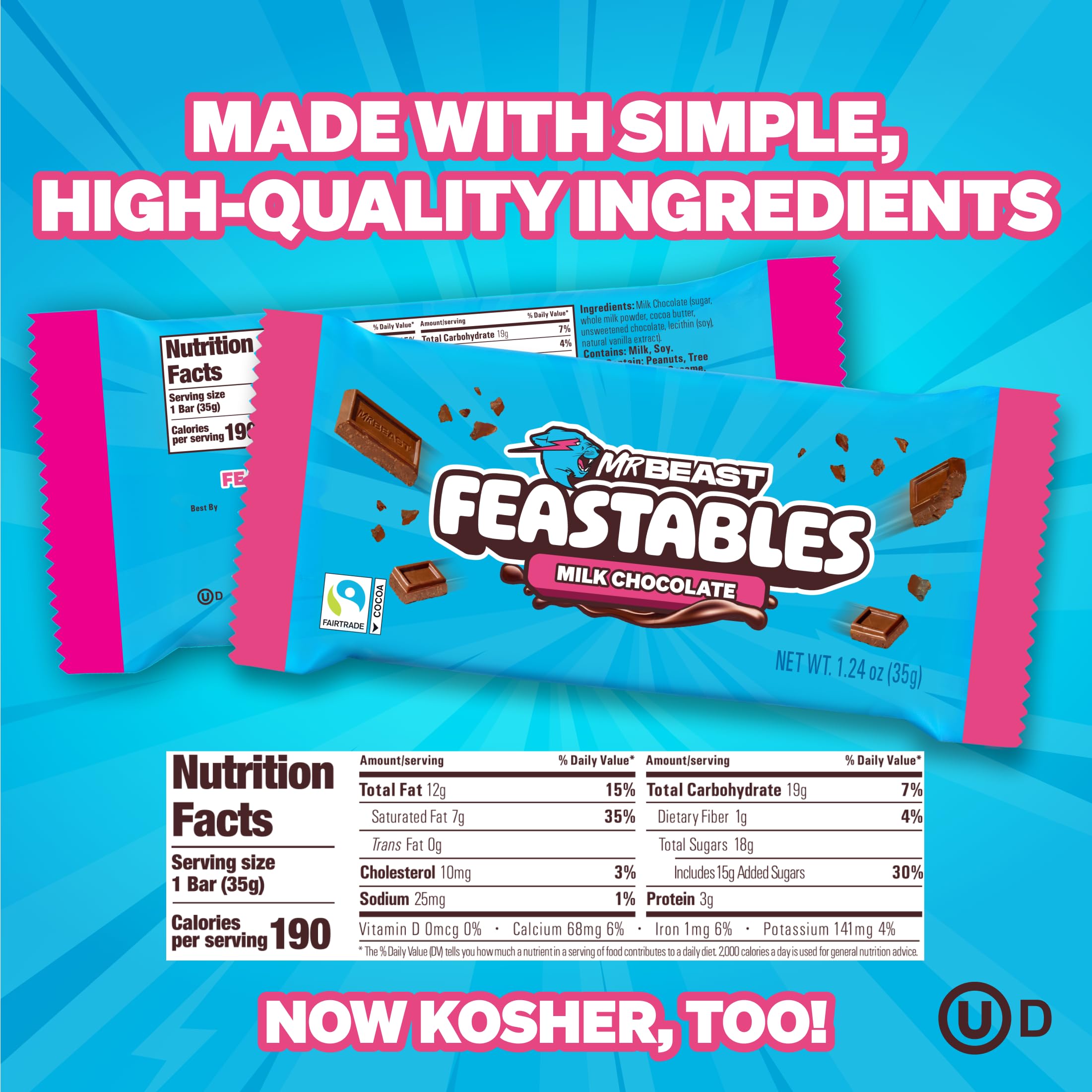 Feastables MrBeast box back detailing nutrition and fairtrade ethics