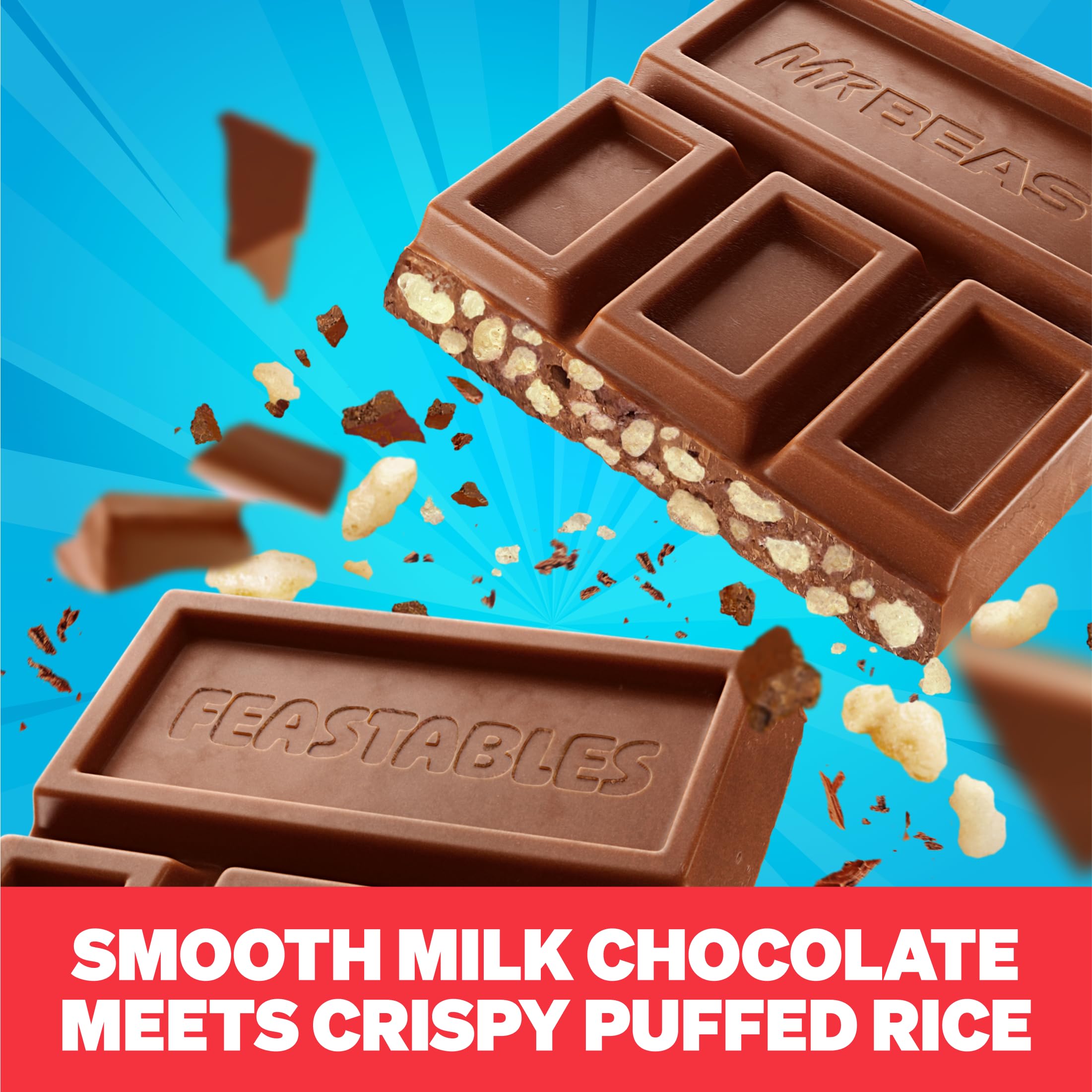 Feastables MrBeast Milk Chocolate Crunch Bar shows Fairtrade cocoa seal.