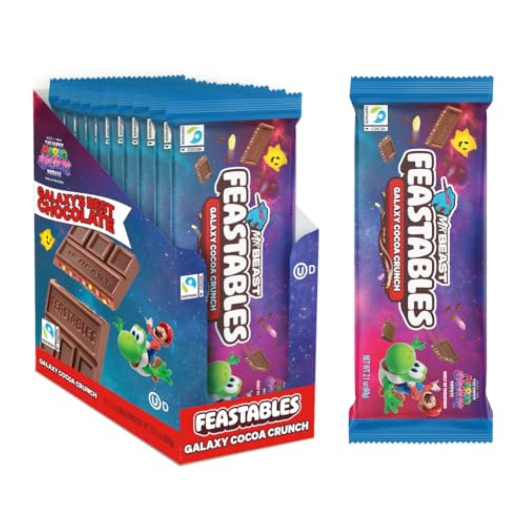Feastables MrBeast Galaxy bar wrapped, ideal for sharing during family movie nights and celebrations.