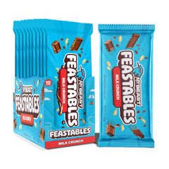 Feastables MrBeast Milk Chocolate Crunch Bar box and bars on table for snacking.