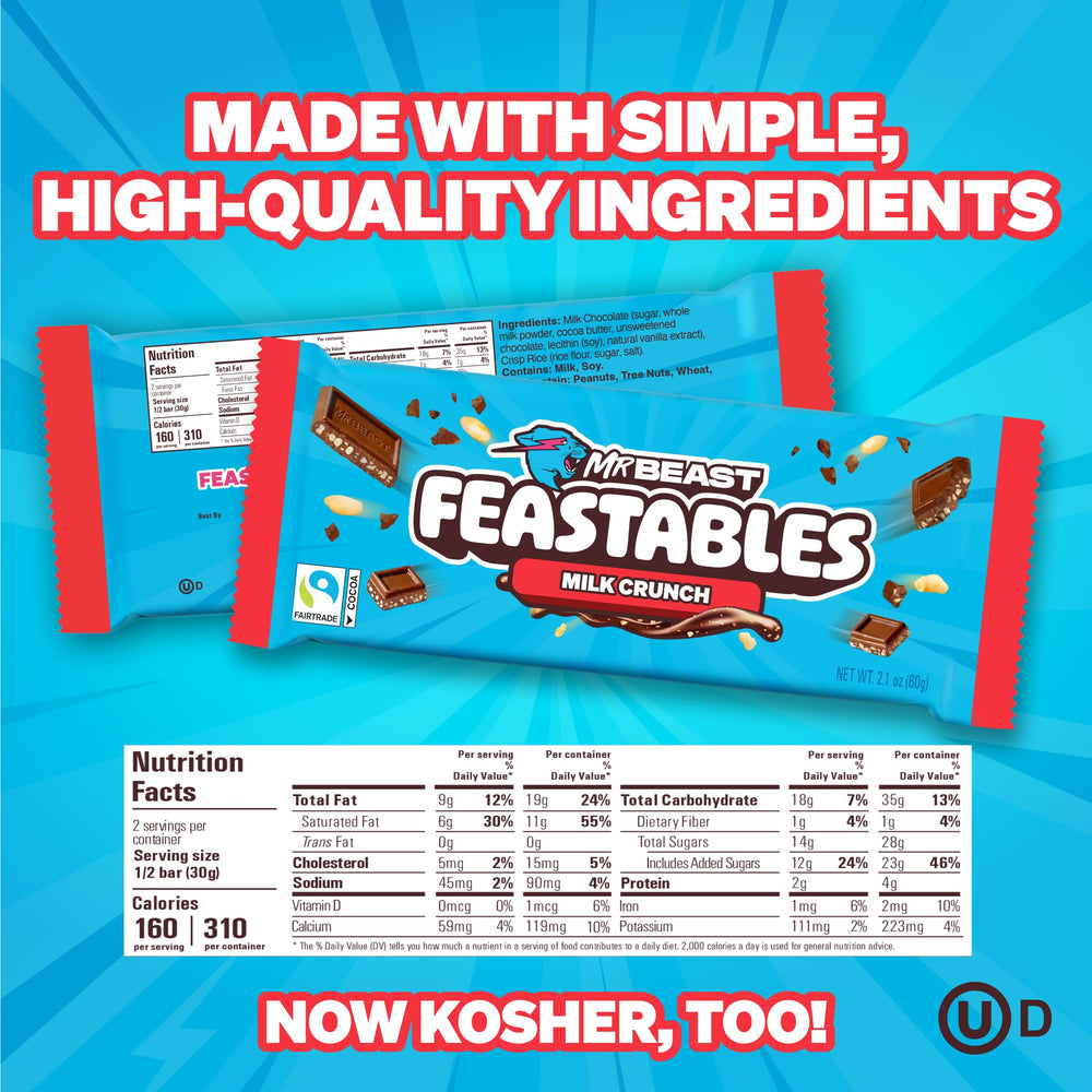 Feastables MrBeast Milk Chocolate Crunch Bar close-up shows crispy puffed rice.