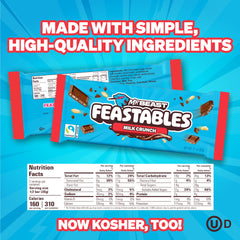 Feastables MrBeast Milk Chocolate Crunch Bar close-up shows crispy puffed rice.