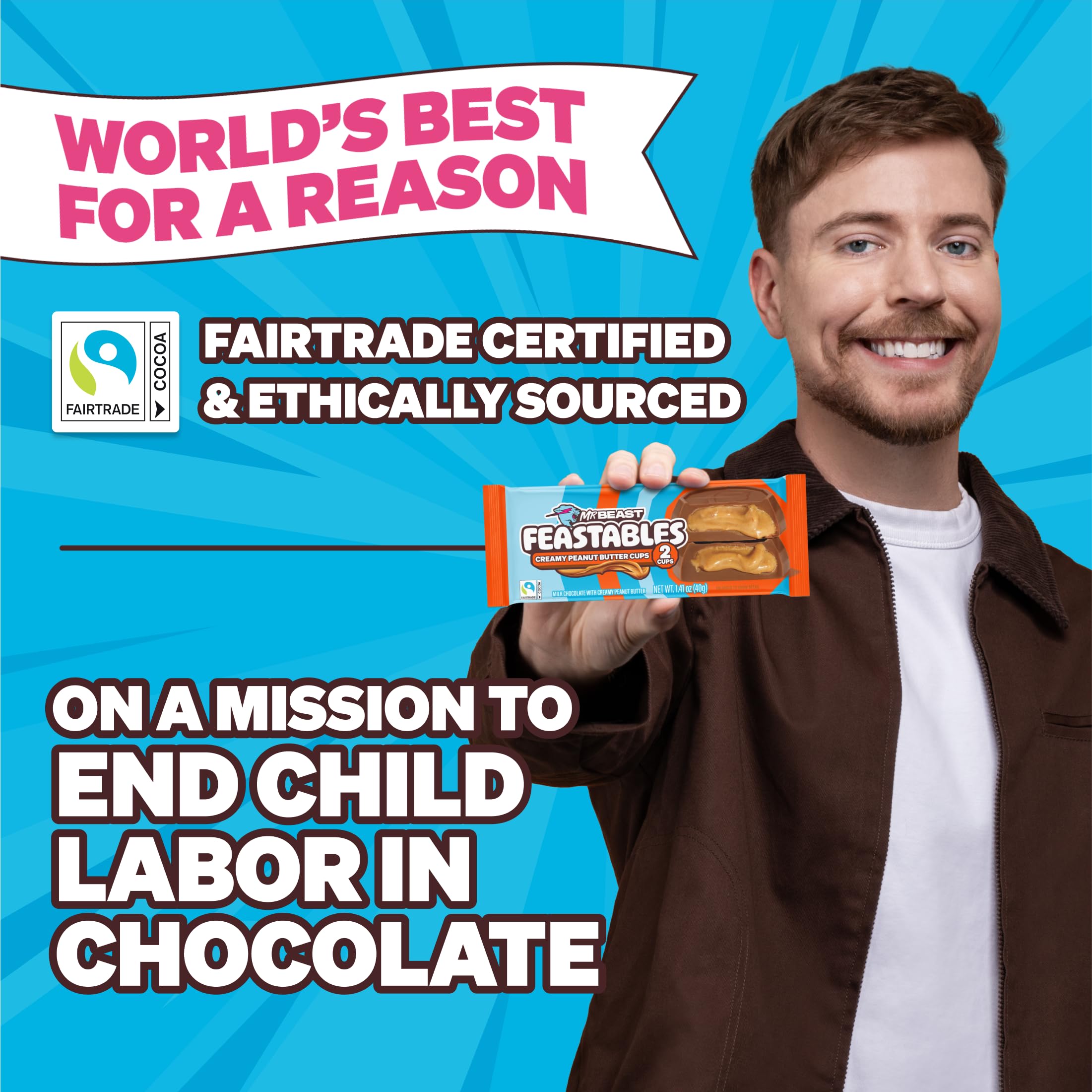 Feastables MrBeast peanut butter cups Fairtrade cocoa label highlighting ethical sourcing