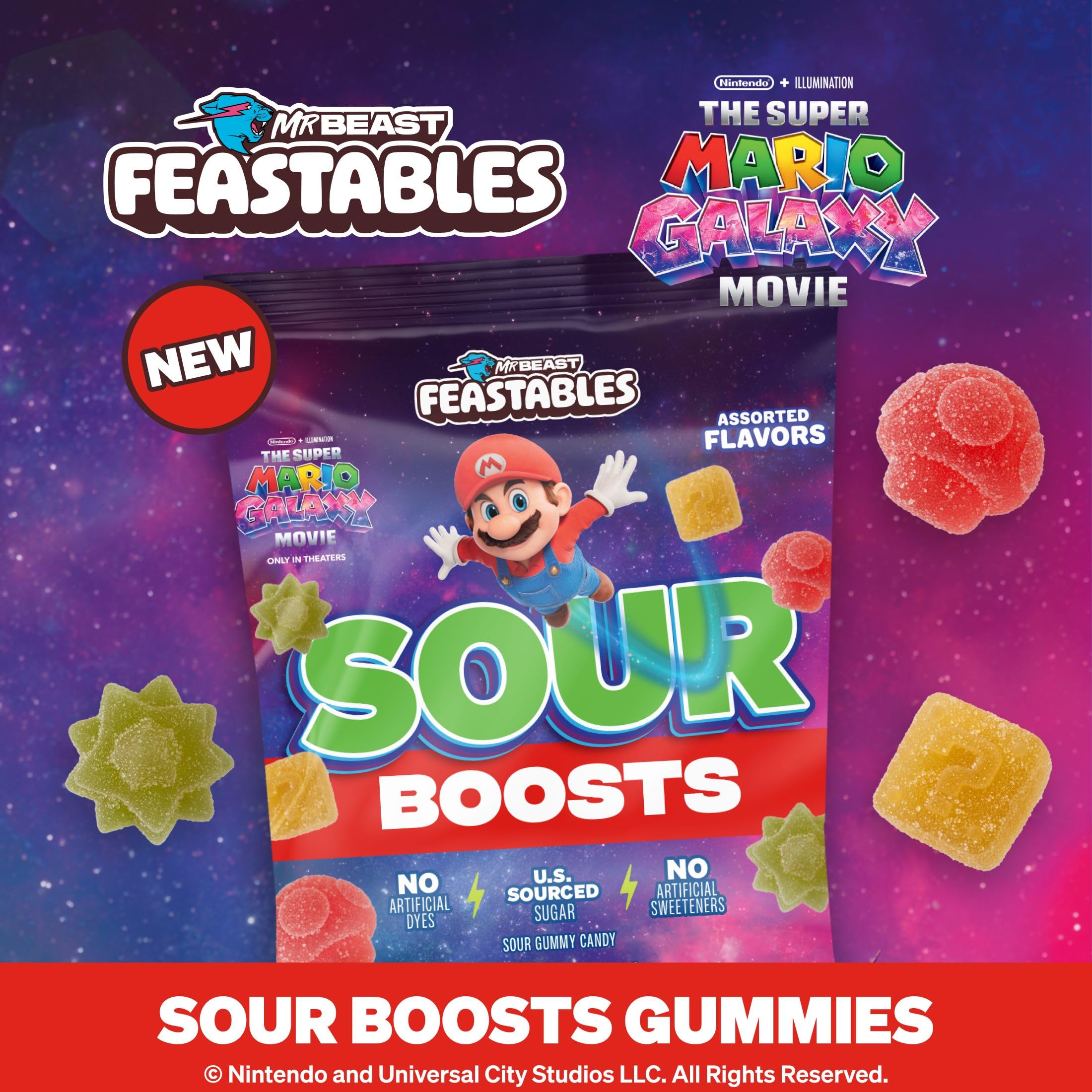 Feastables MrBeast Sour Boosts galaxy designs enhance party vibes during snacking