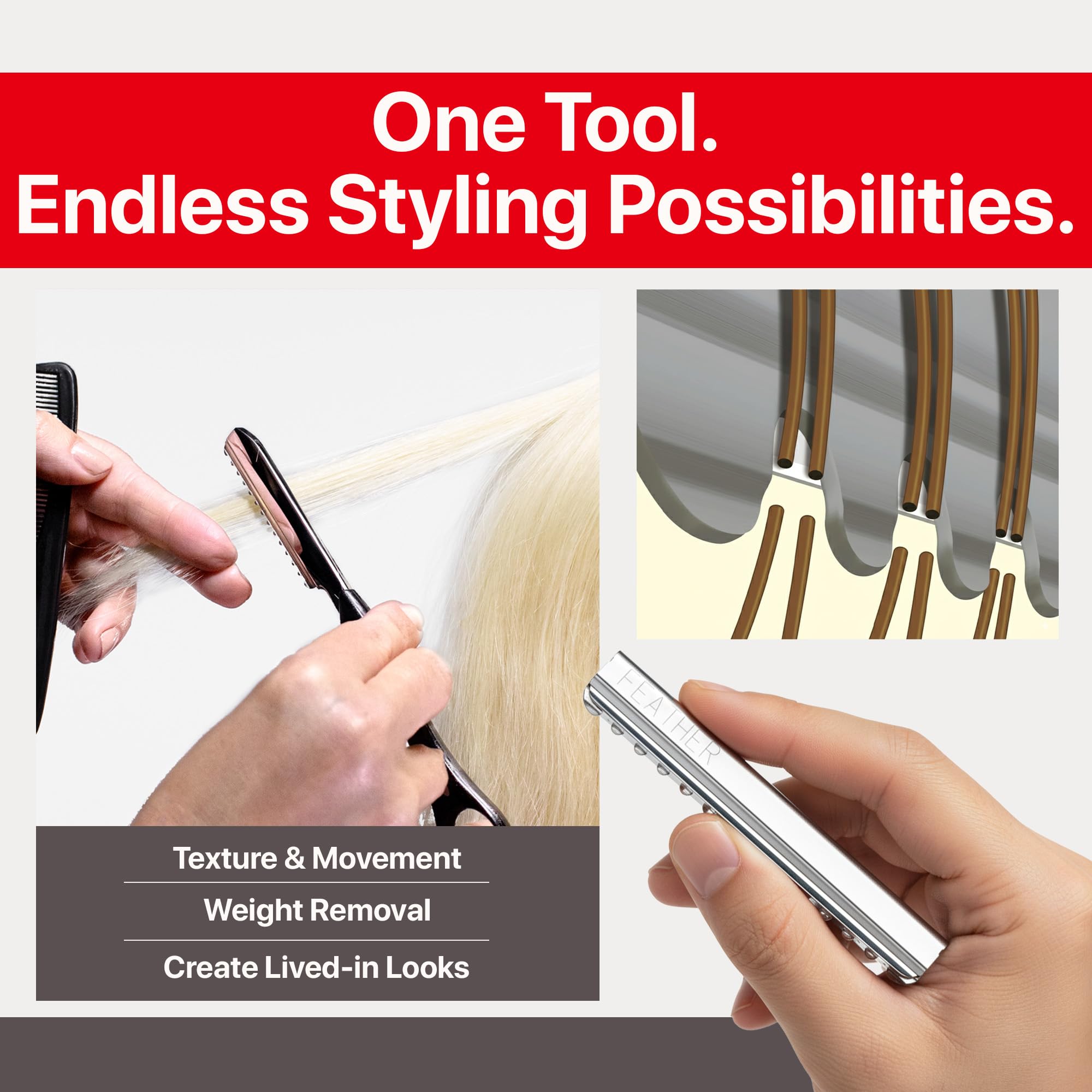 Feather stainless steel blades, Japan-made, emphasizing durable professional quality.