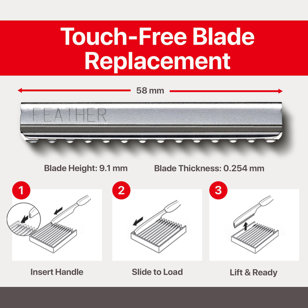 Feather styling razor handle with blade change for quick, secure replacement.