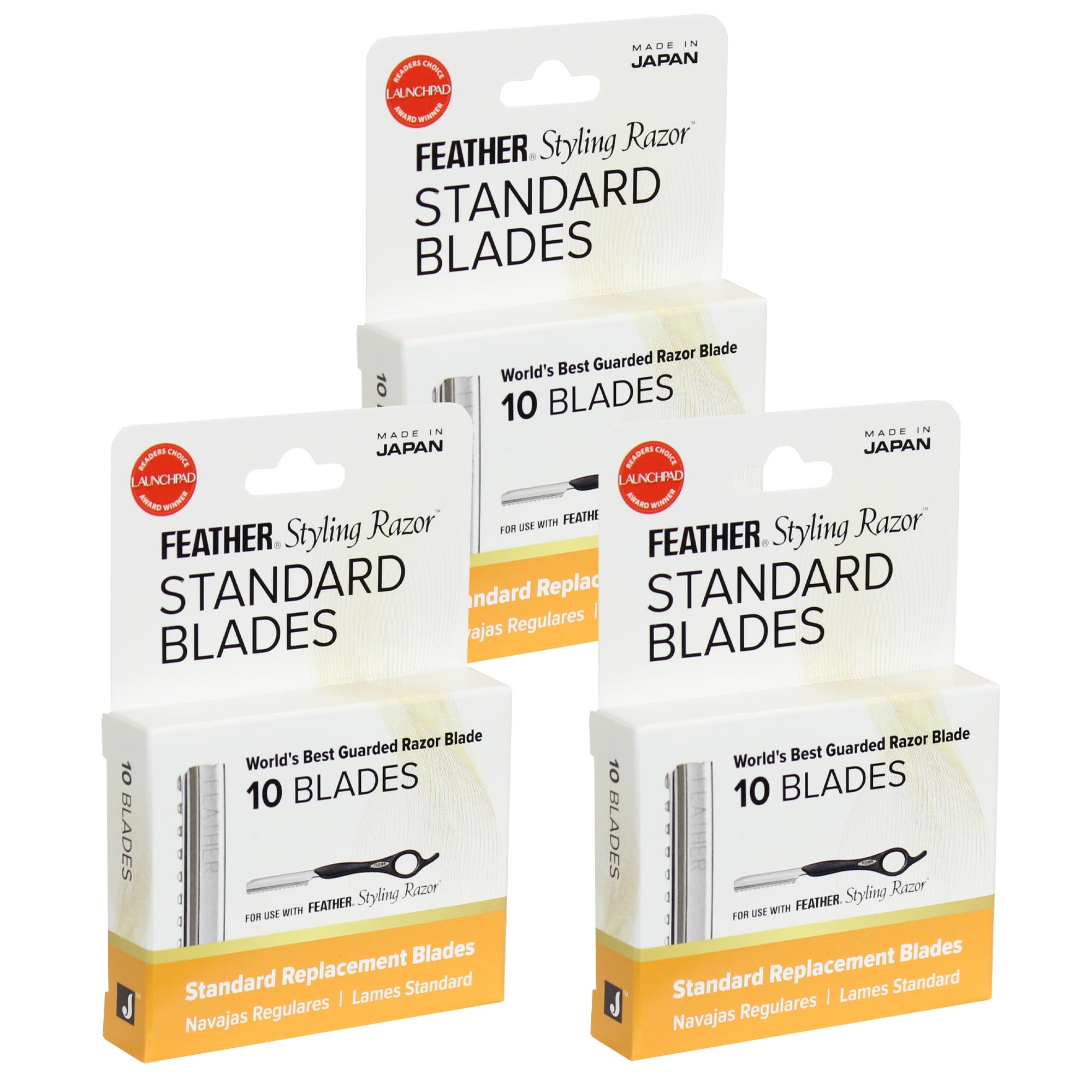 Feather Styling Razor blades in pack shot showing guarded precision for safe styling.