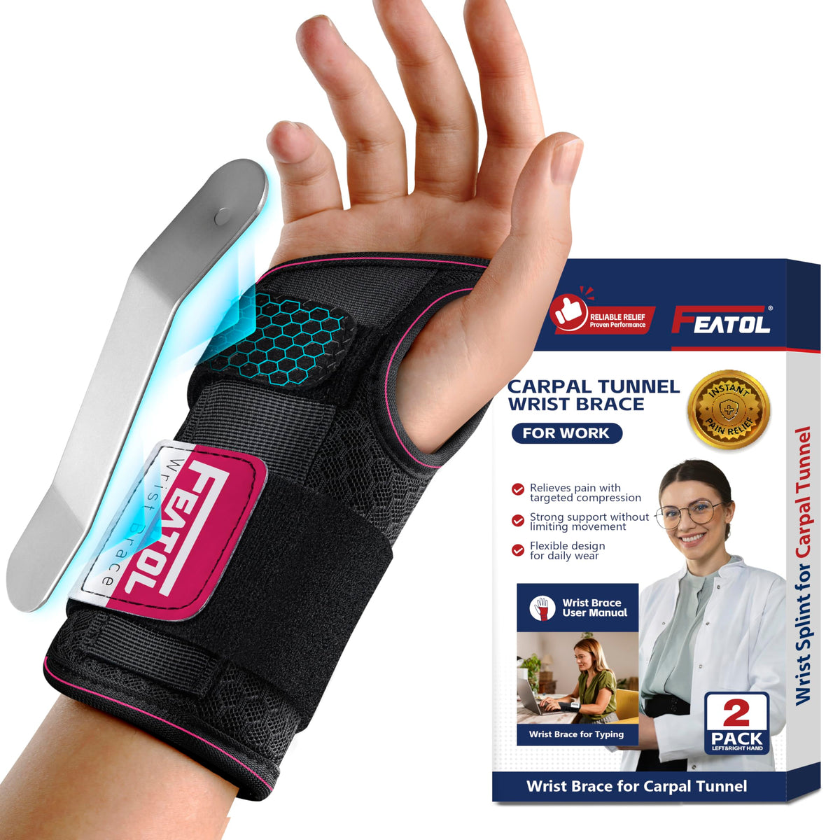 FEATOL 2Pack Carpal Tunnel Wrist Brace shown as a dual-pack set for daily support.
