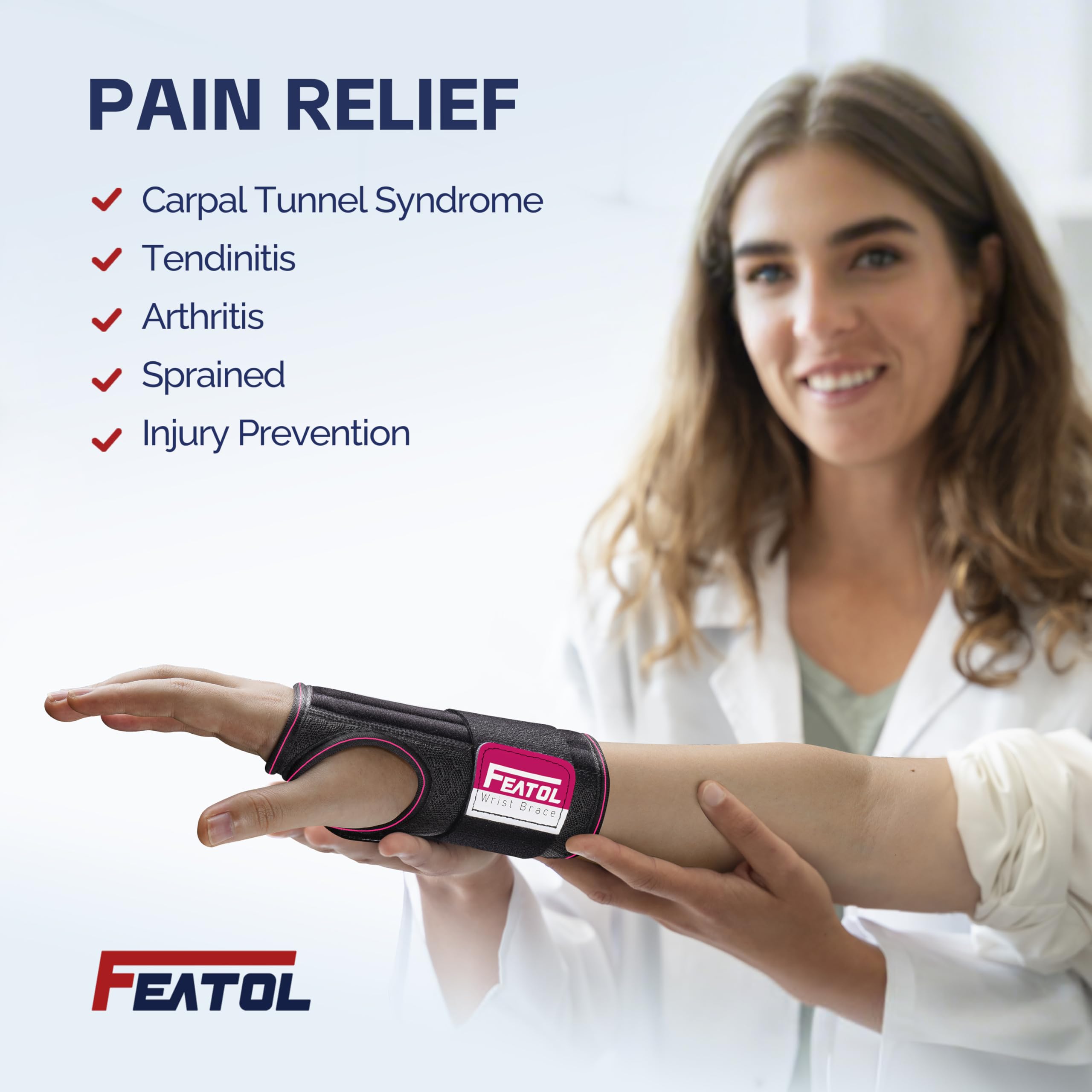 FEATOL Adjustable strap wrist brace with one-handed fit for easy adjustment.