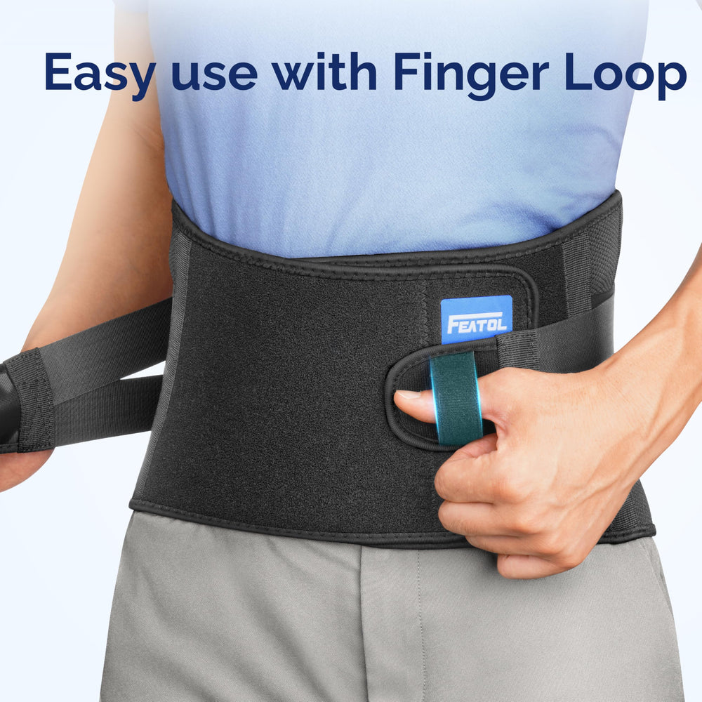 FEATOL back brace with finger loops for quick on-and-off