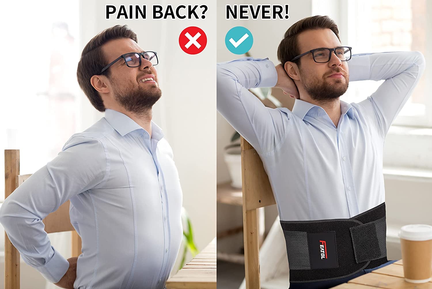 FEATOL back brace hip-area silhouette shows secure, discreet wear under clothing.