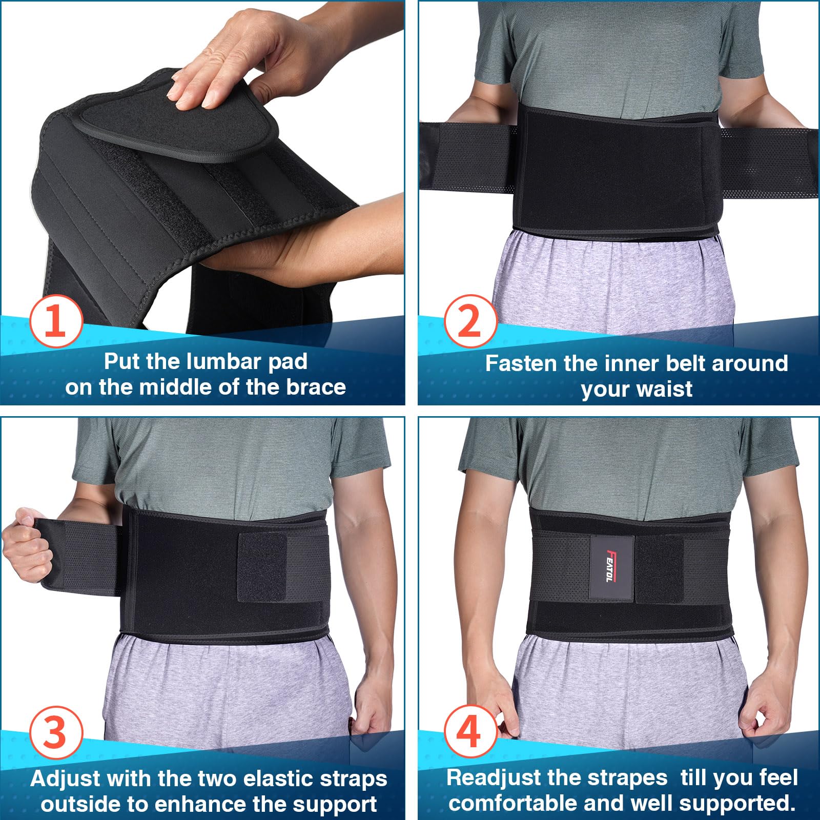 FEATOL back brace size chart clarifies fit for waists 54 to 63 inches.