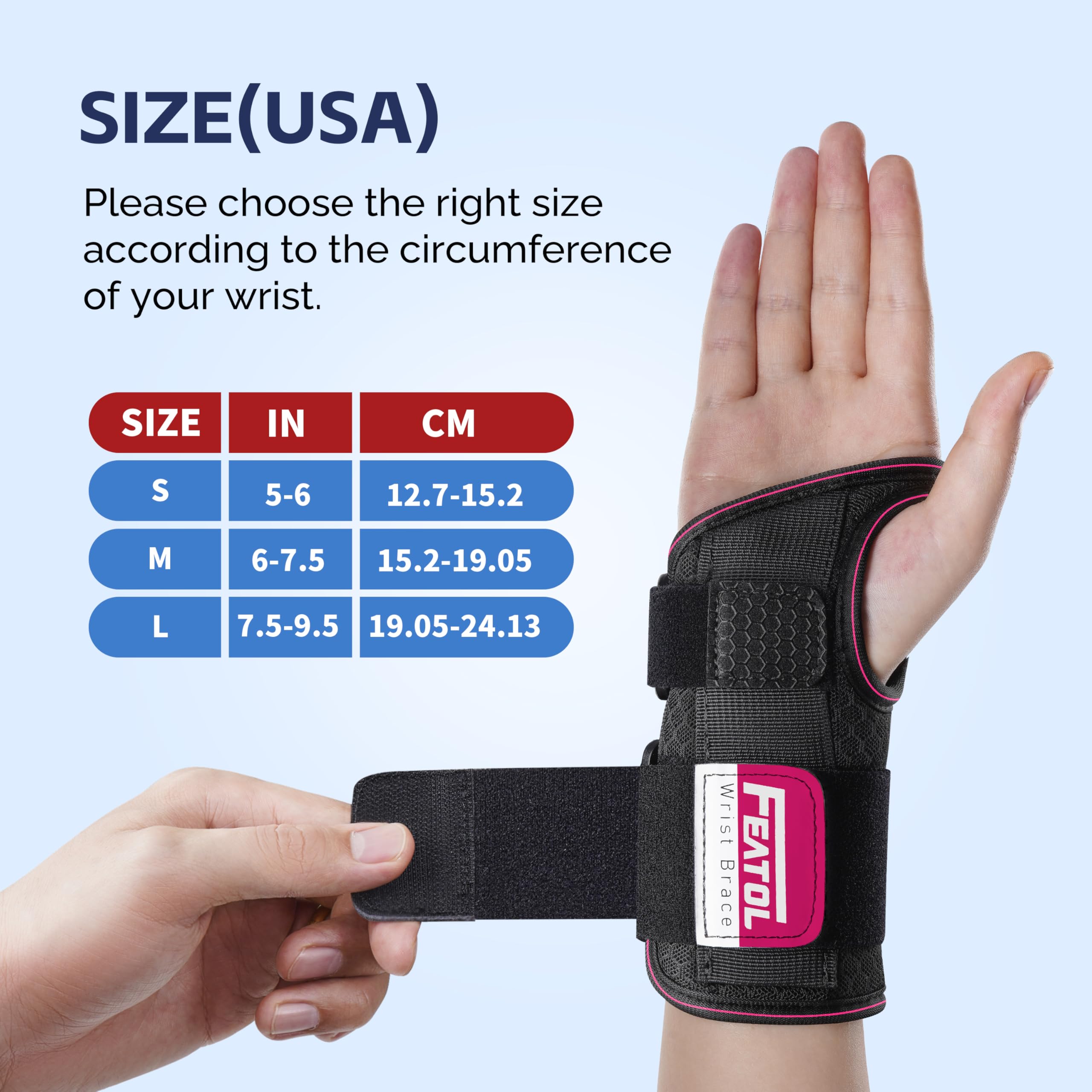 FEATOL Wrist brace with hook-and-loop closure for quick adjustability.