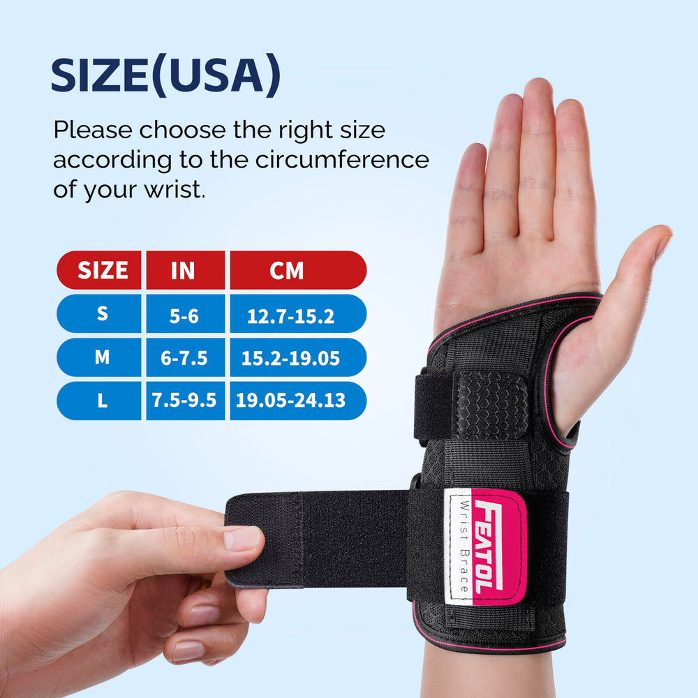 FEATOL Wrist brace with hook-and-loop closure for quick adjustability.
