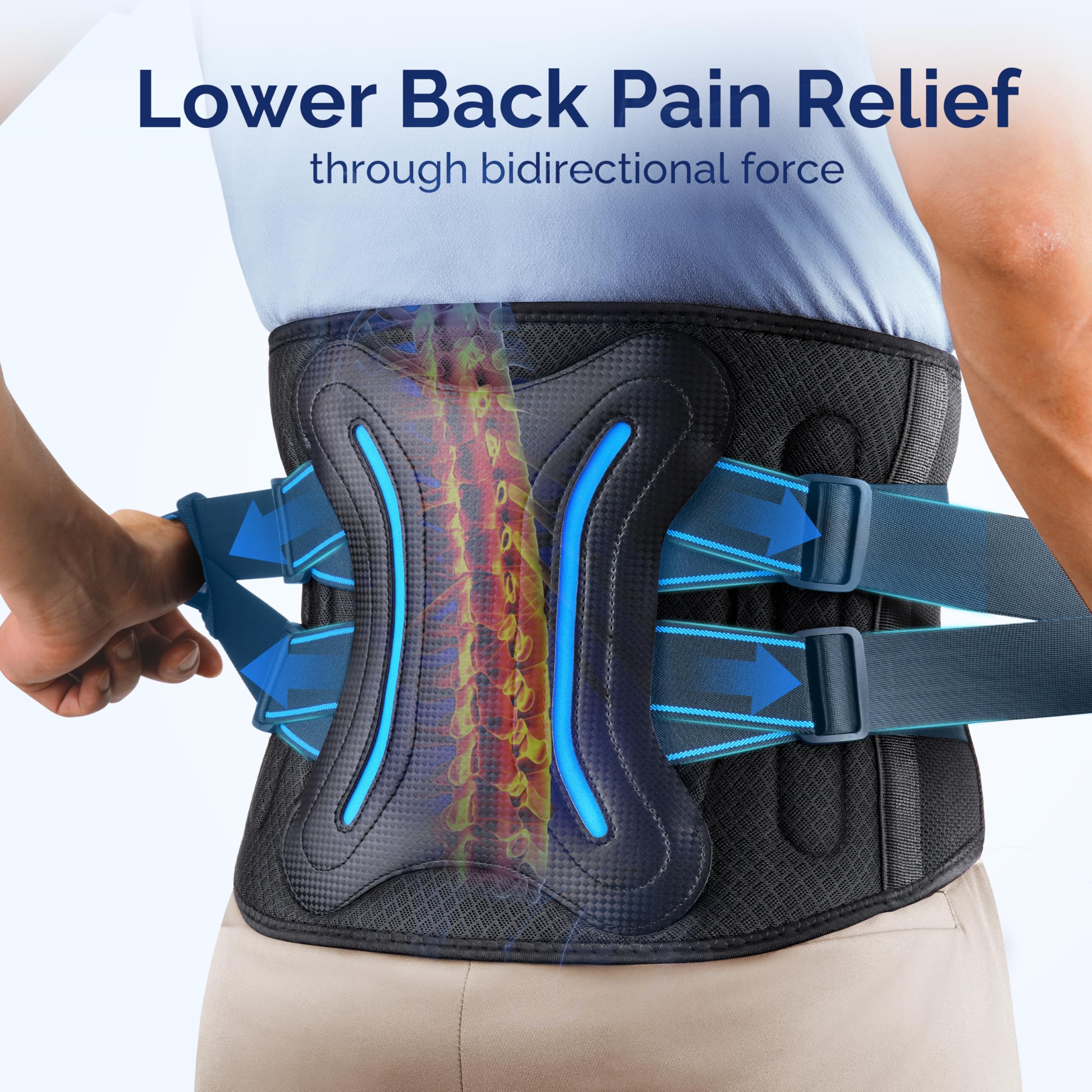 FEATOL lumbar brace with breathable elastic material for all-day comfort.