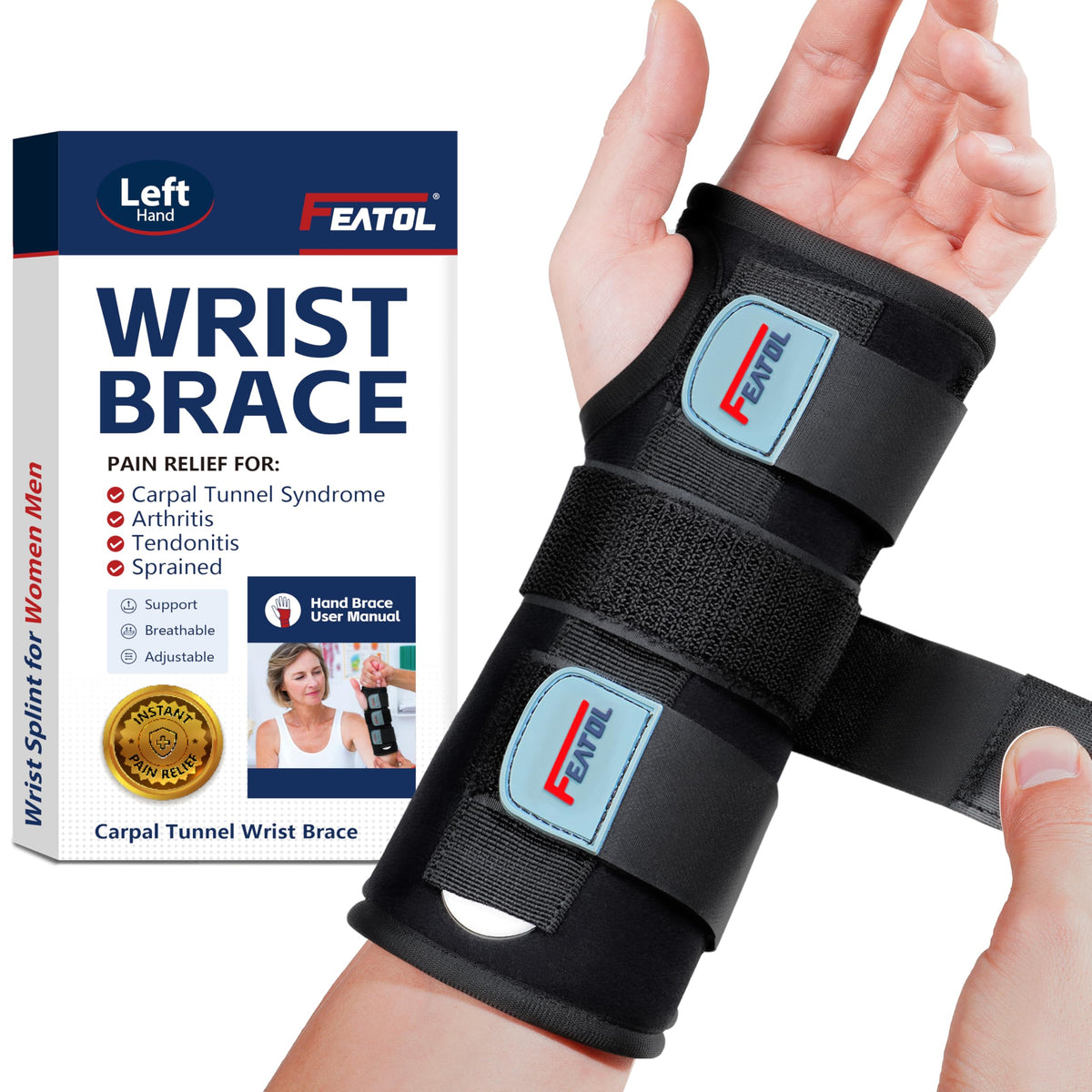 FEATOL wrist brace with metal splint providing stable wrist support for daily tasks