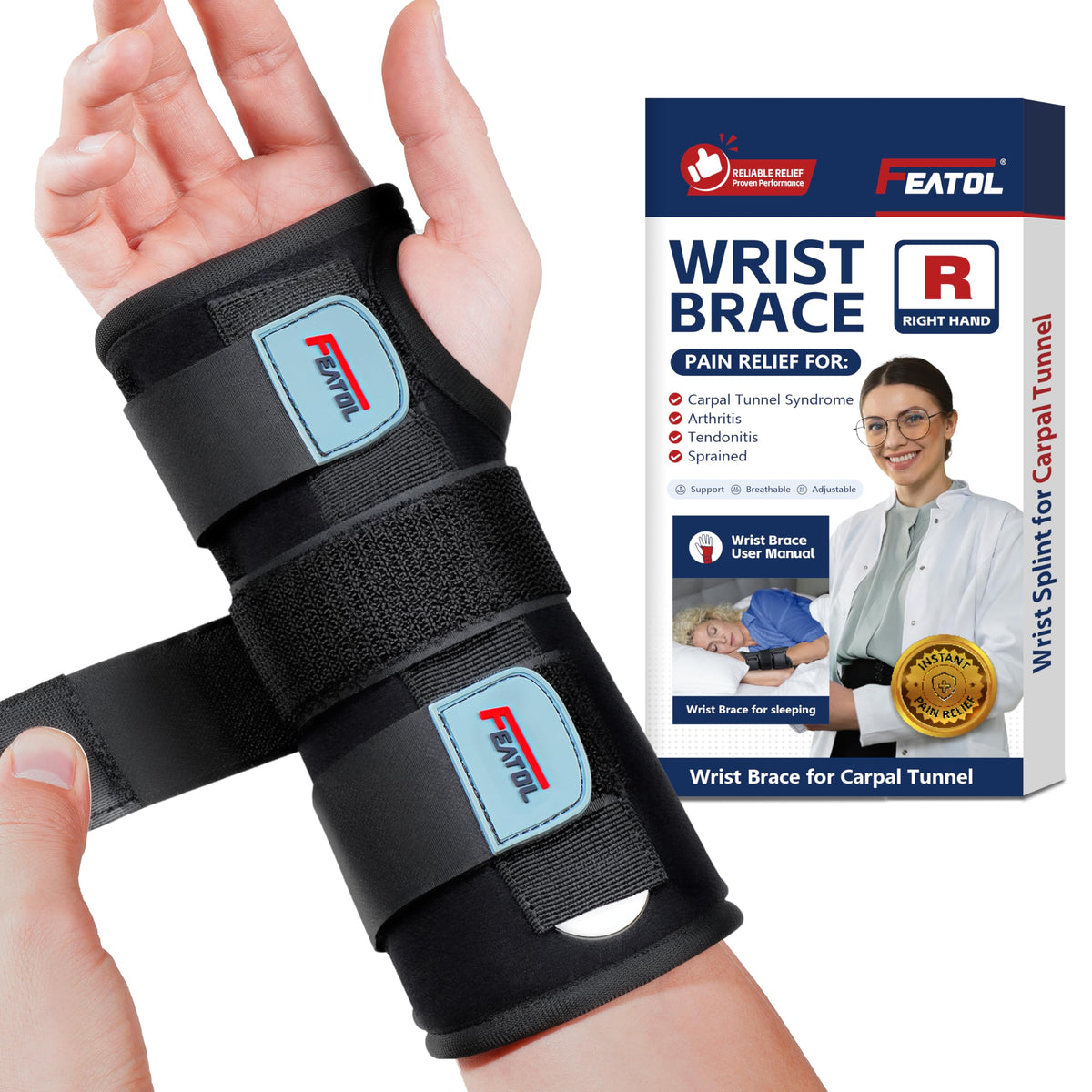 FEATOL wrist brace at night guiding neutral position for comfort.
