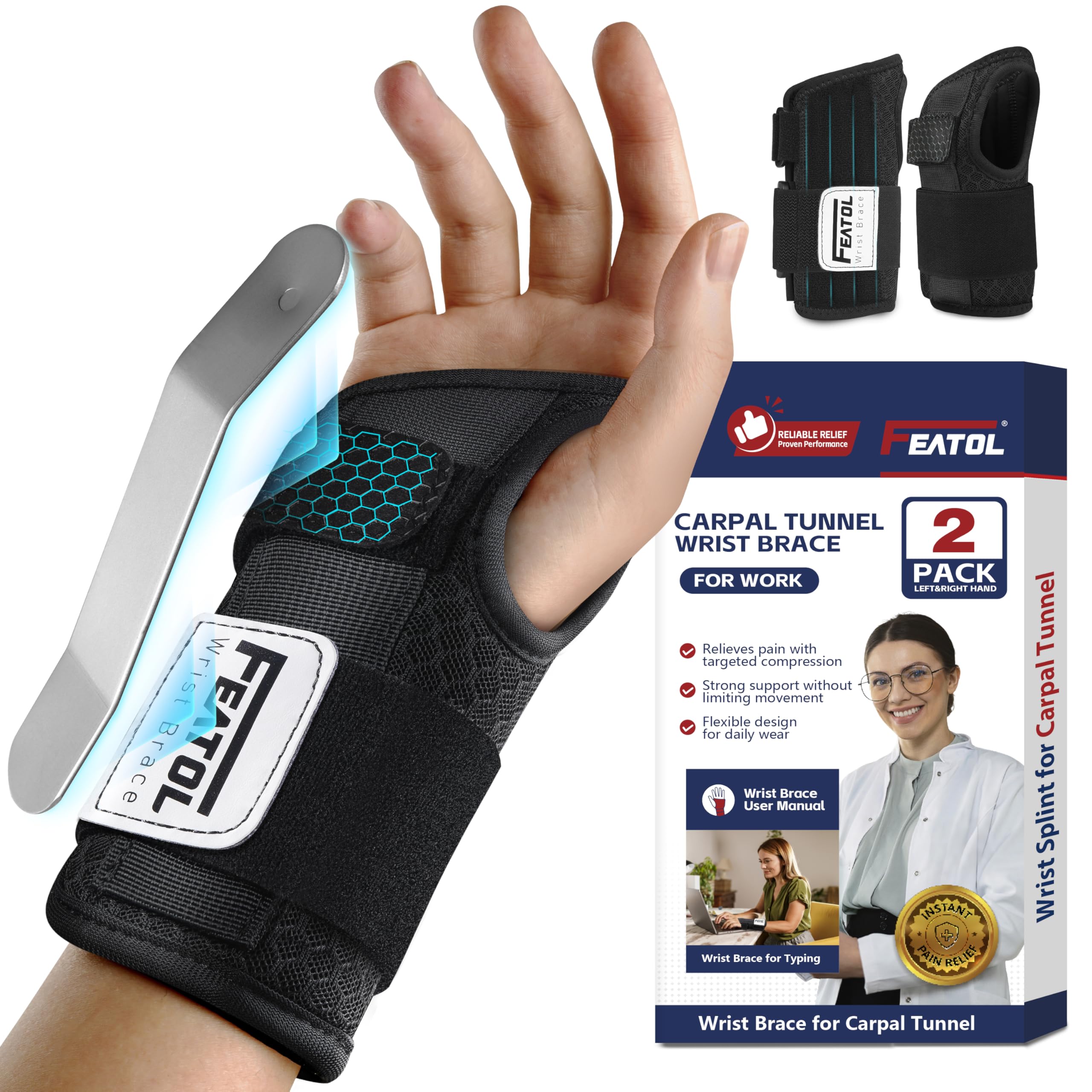 FEATOL wrist brace with removable splint for night support and daytime stability