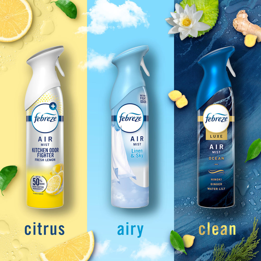 Febreze Air Mist bathroom spray used to refresh spaces.
