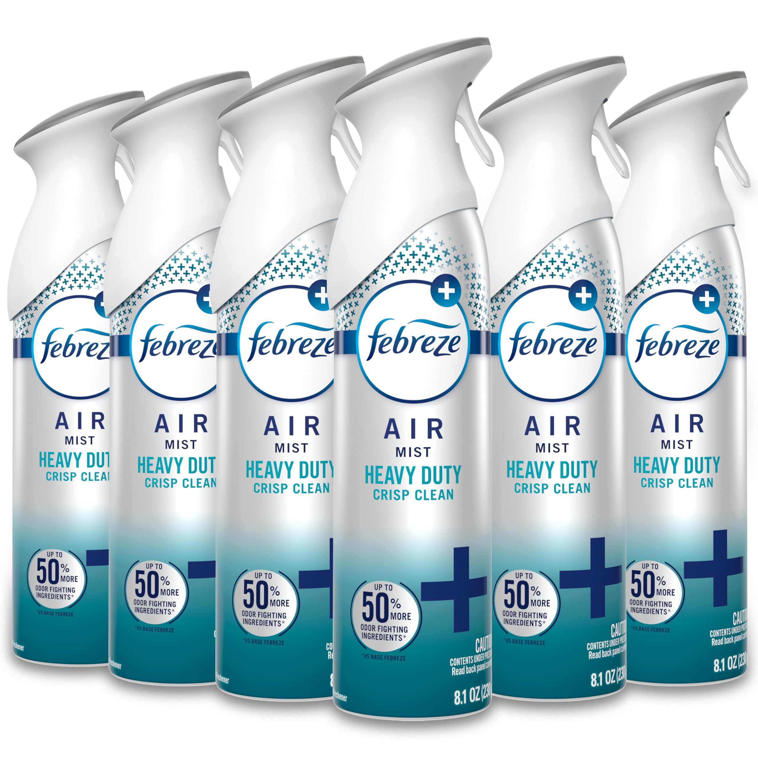 Febreze Air Mist bottle front showing Heavy Duty Crisp Clean scent for refreshed rooms.