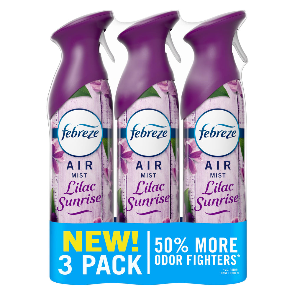 Febreze Air Mist Lilac Sunrise bottle releasing a fresh floral scent for living spaces