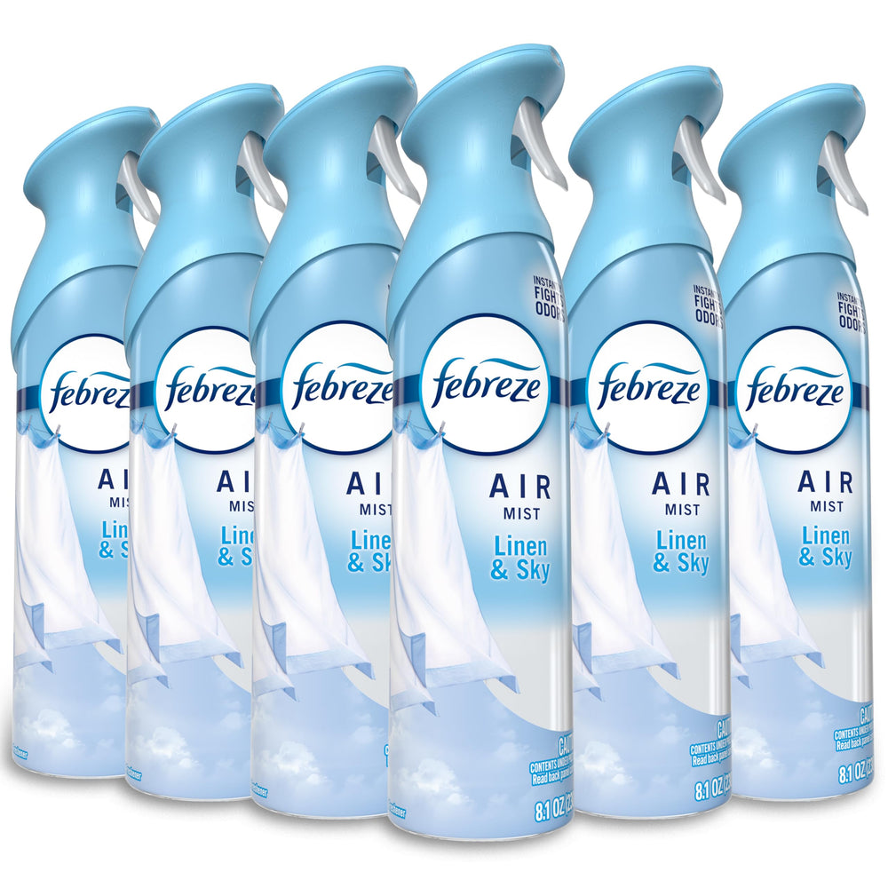 Febreze Air Mist Linen & Sky spray bottle releasing a fresh odor-neutralizing scent in any room