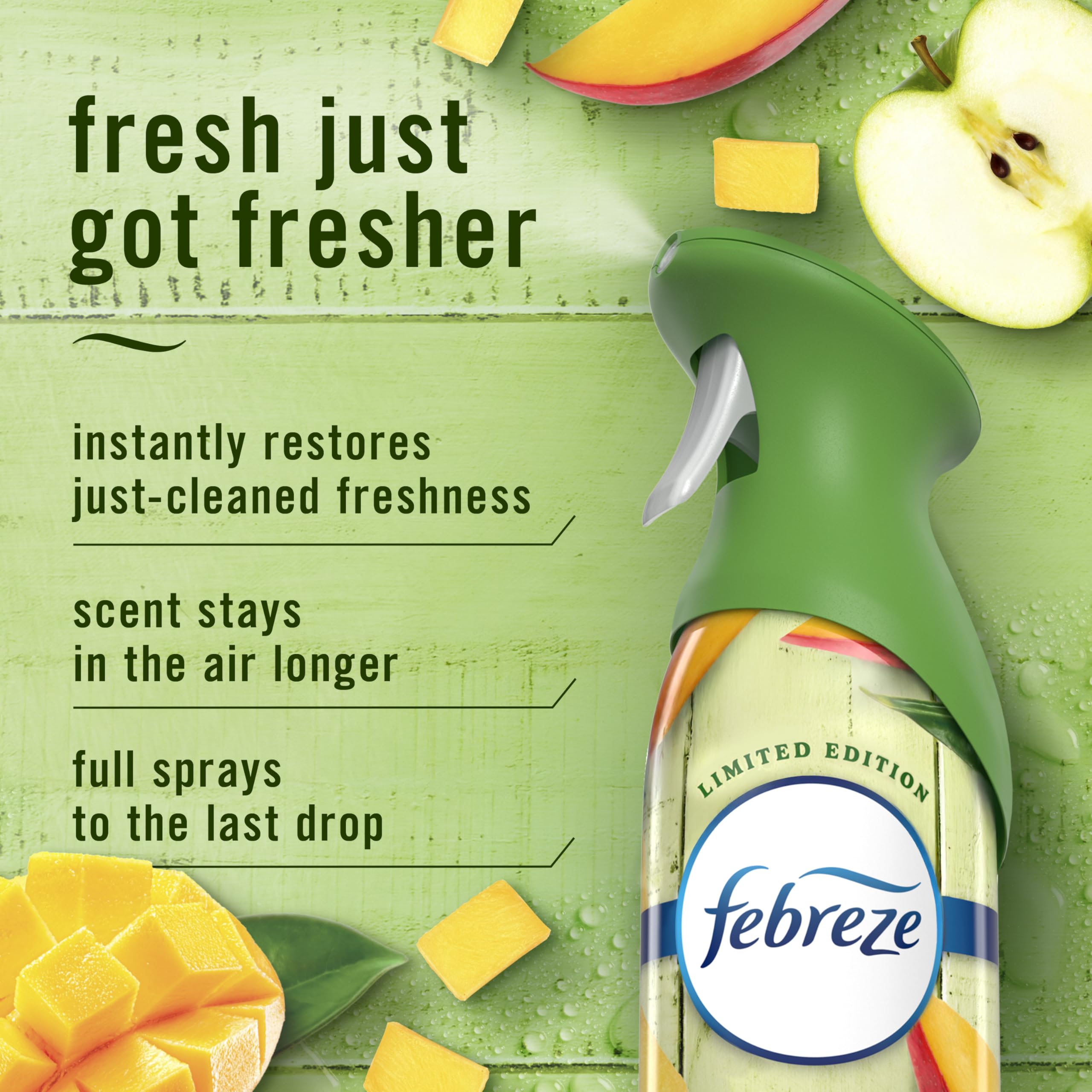 Febreze Air Mist Mango Splash in a kitchen setting for odor control.
