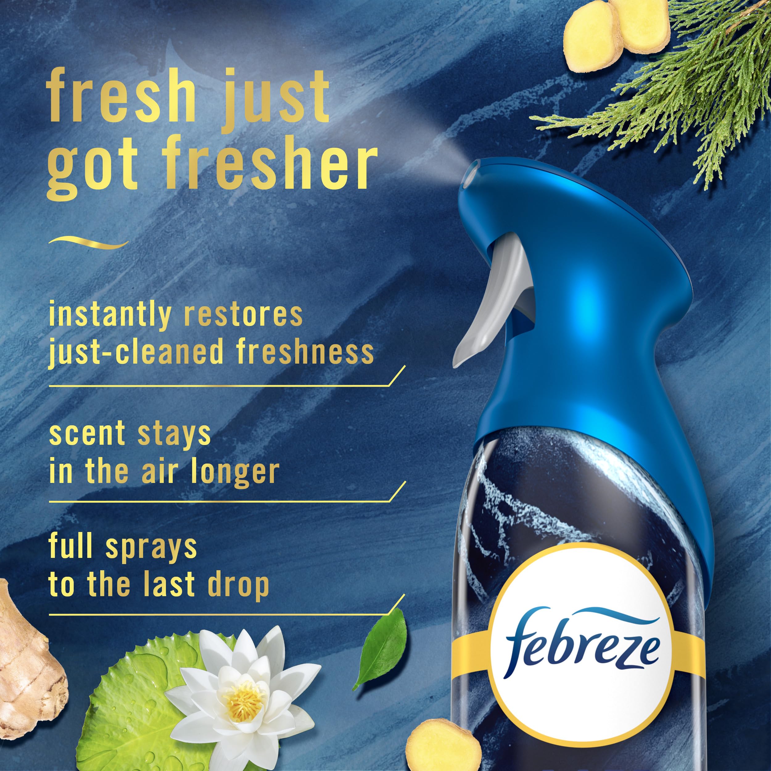 Febreze Air Mist Ocean label shows a 3-pack, ready for quick use.