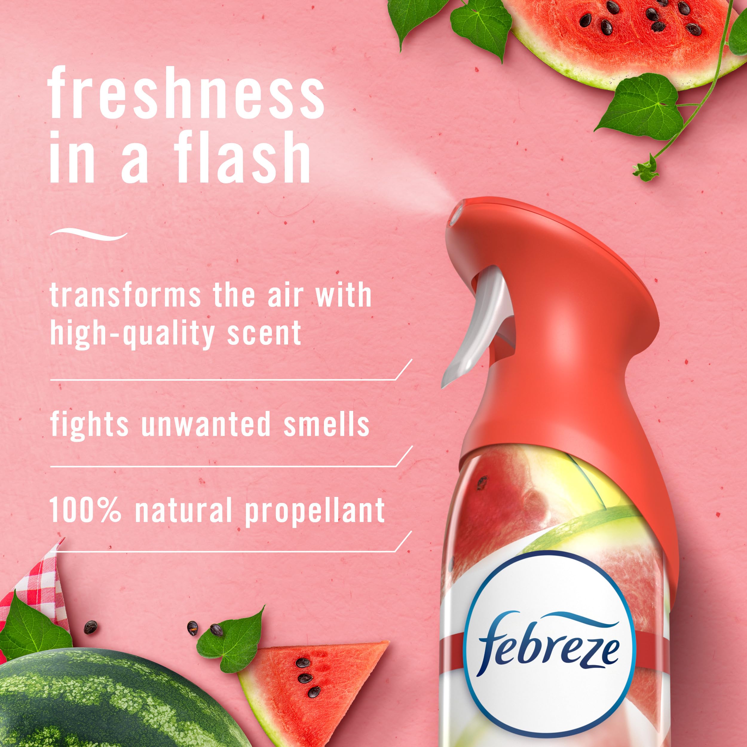 Febreze Air Mist Sweet Watermelon Vine can back shows product details and labeling.