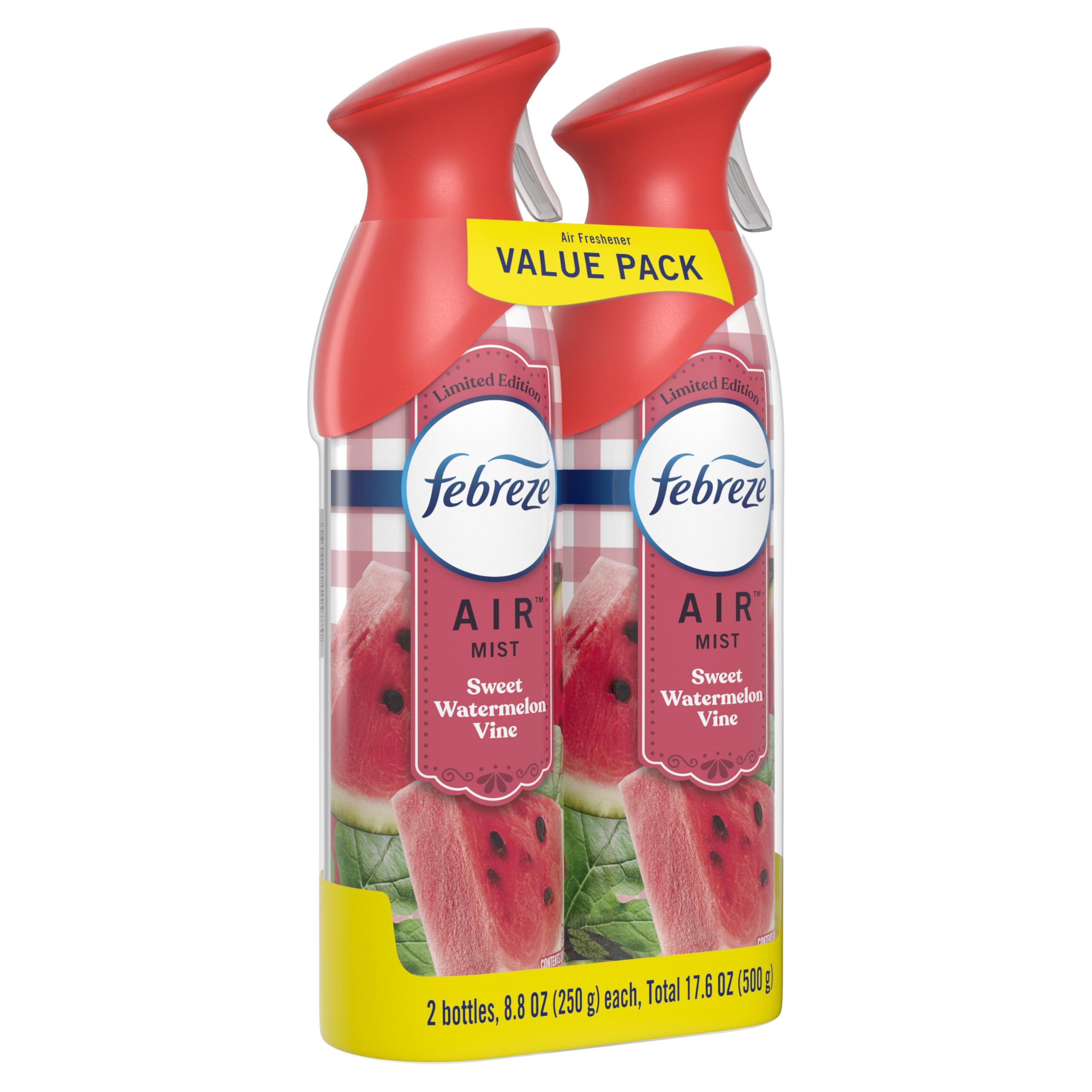 Natural propellant icon and branding visible on Febreze Air Mist Sweet Watermelon Vine.