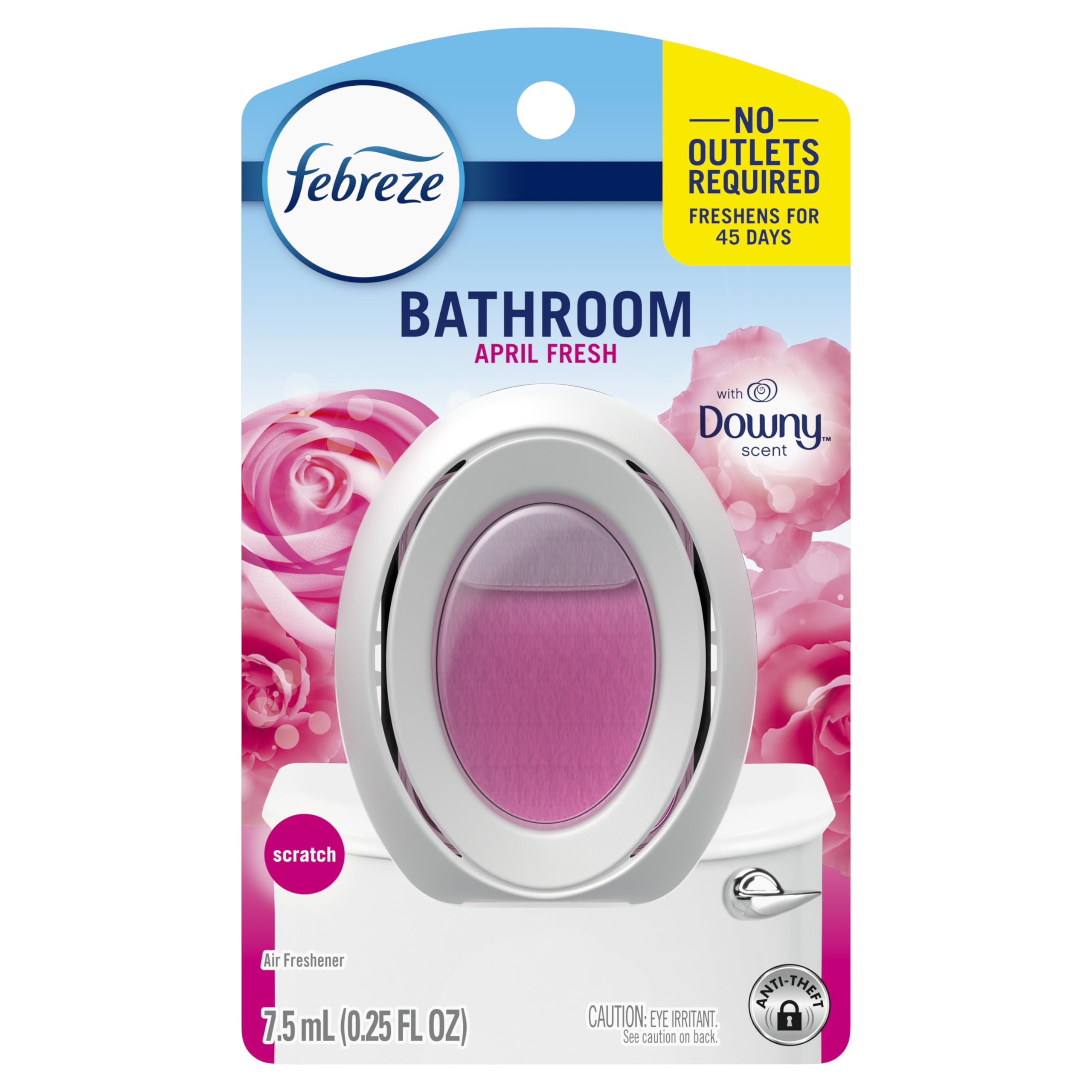Febreze Bathroom diffuser placed on a shelf near sink.