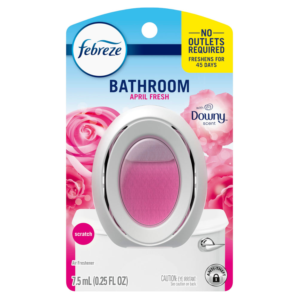Febreze Bathroom diffuser placed on a shelf near sink.