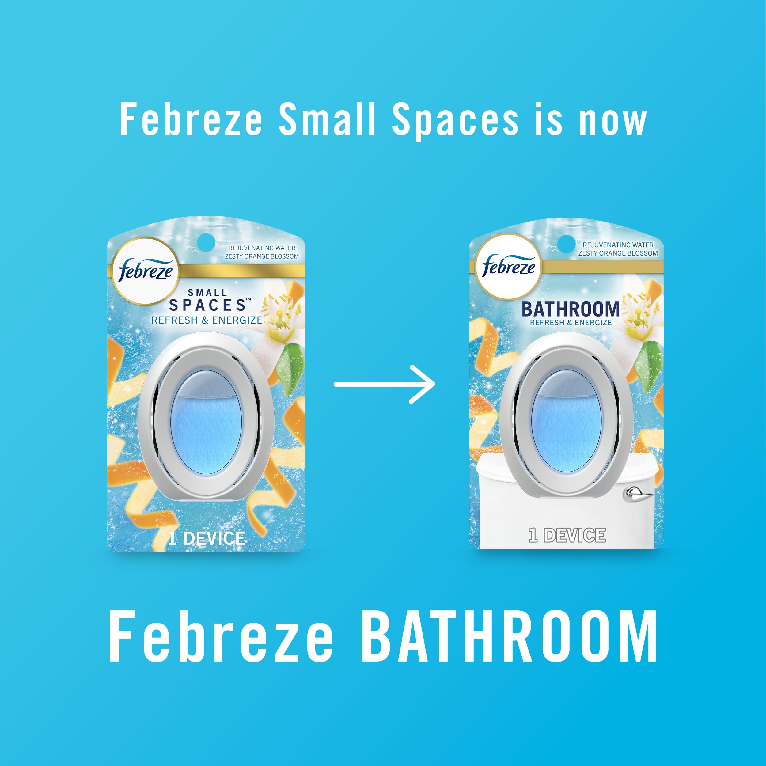 Febreze bathroom air freshener comes in a 4-count pack for steady freshness.