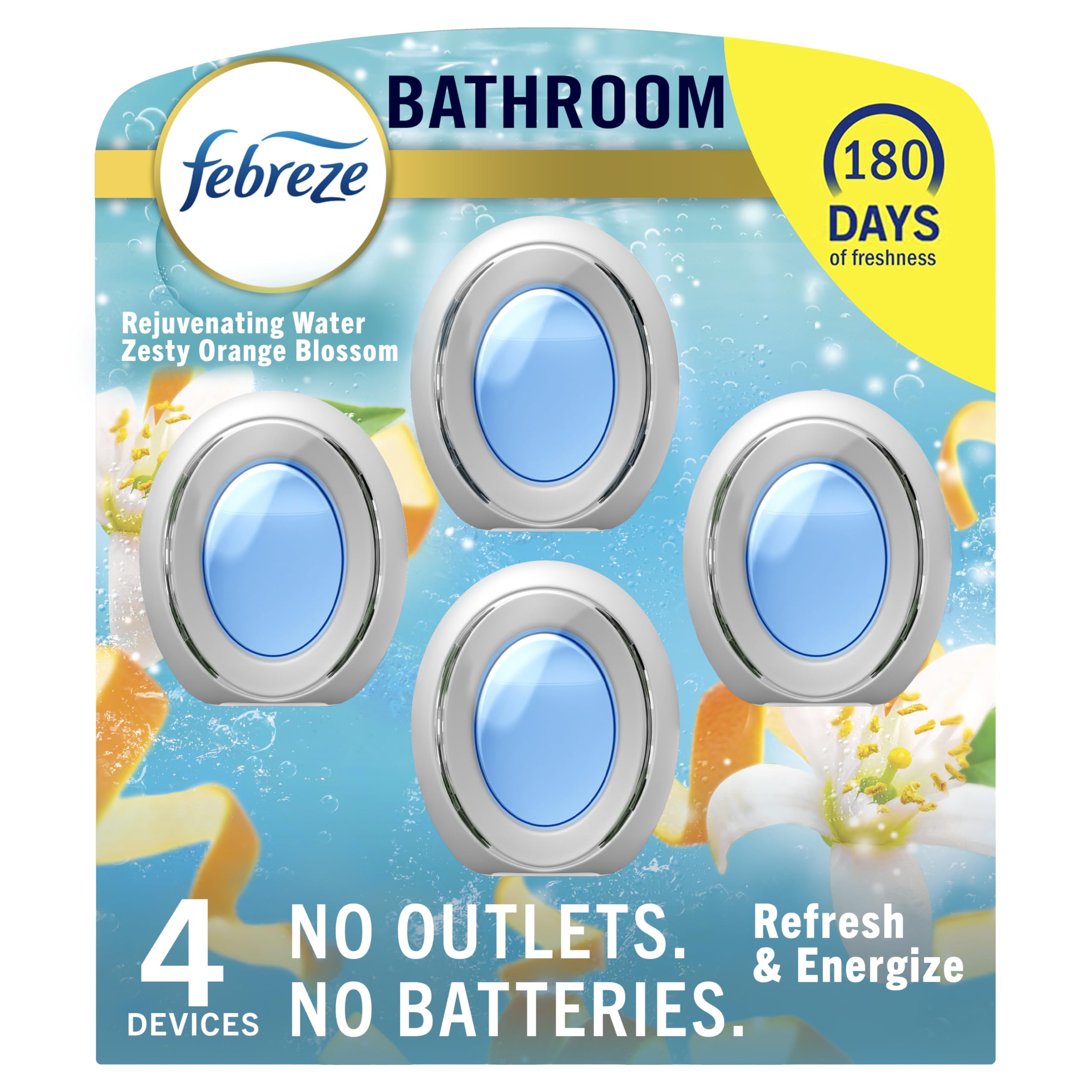 Febreze bathroom air freshener activation demonstrates long-lasting freshness in compact spaces.