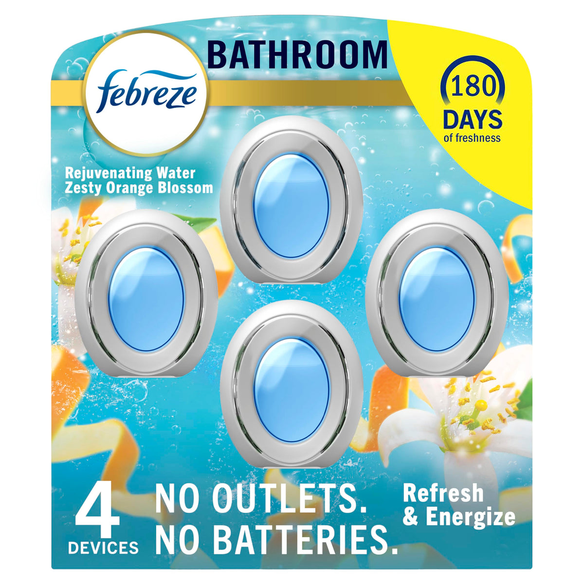 Febreze bathroom air freshener activation demonstrates long-lasting freshness in compact spaces.