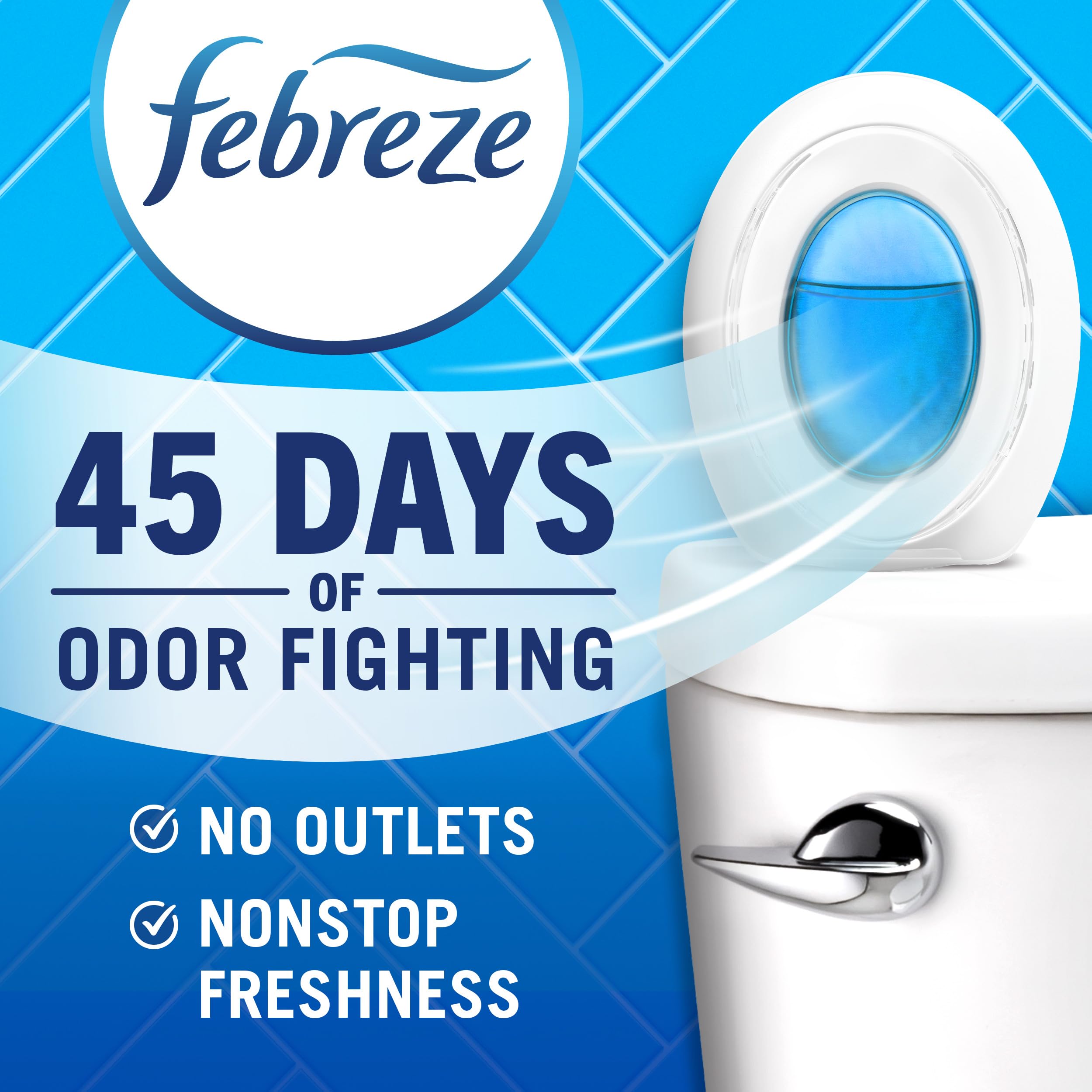 Febreze bathroom air freshener compact design for quick placement and continuous scent.